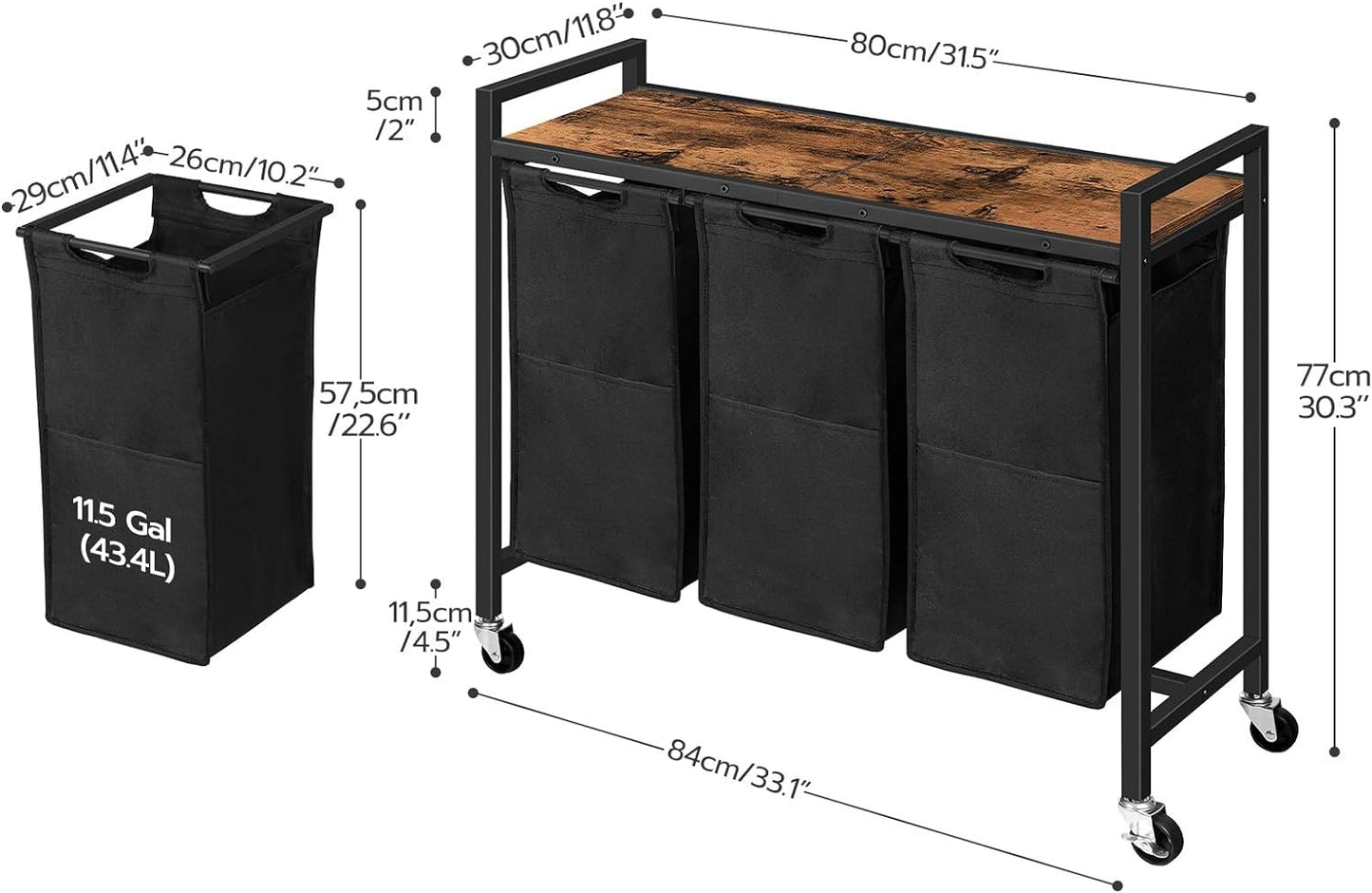 HOOBRO Laundry Sorter 3 Section, Laundry Hamper with Wheels, 3 × 11.5 Gal (43.5 L), Rolling Laundry Basket, Pull-Out and Removable Oxford Fabric Laundry Bags, Rustic Brown and Black BF76XY01