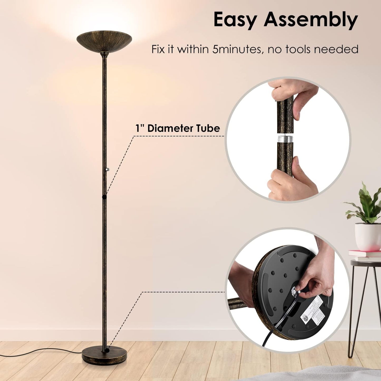 BoostArea Torchiere Floor Lamp Antique Bronze, 24W Super Bright LED Standing Lamp, 3000K Dimmable Pole Lamp with Rotary Switch, 70 Inch Tall Metal Modern Floor Lamps for Living Room/Bedroom/Office/Den