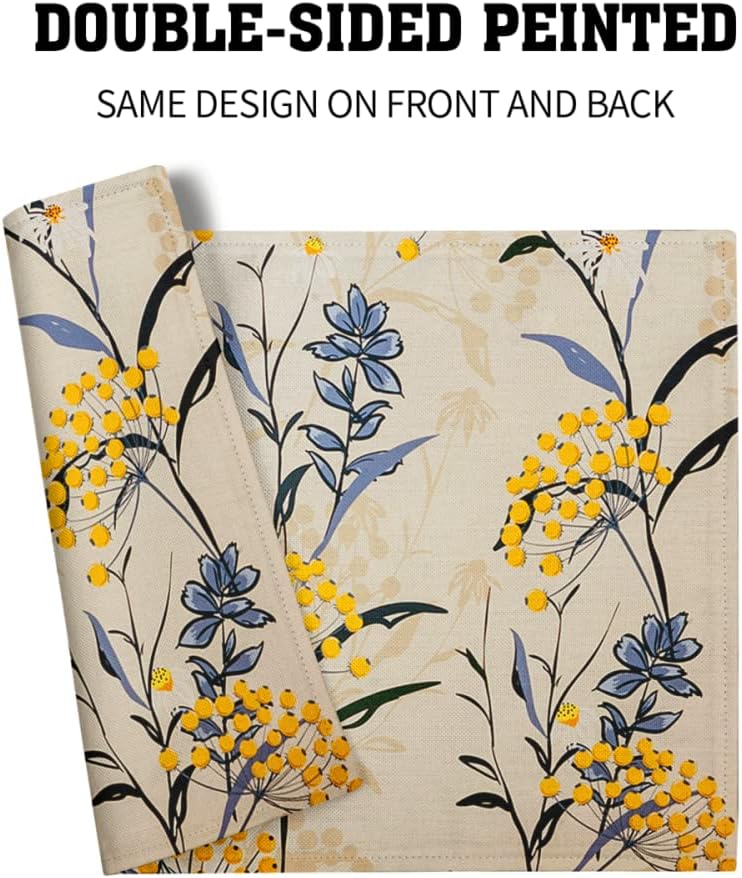 Floral Placemats Set of 4 Vintage Floral Summer Flowers Yellow Placemats for Kitchen Table Linen Placemats Washable Non-Slip Heat Resistant Place Mats for Party Kitchen Dining Decorations 18x12 Inch