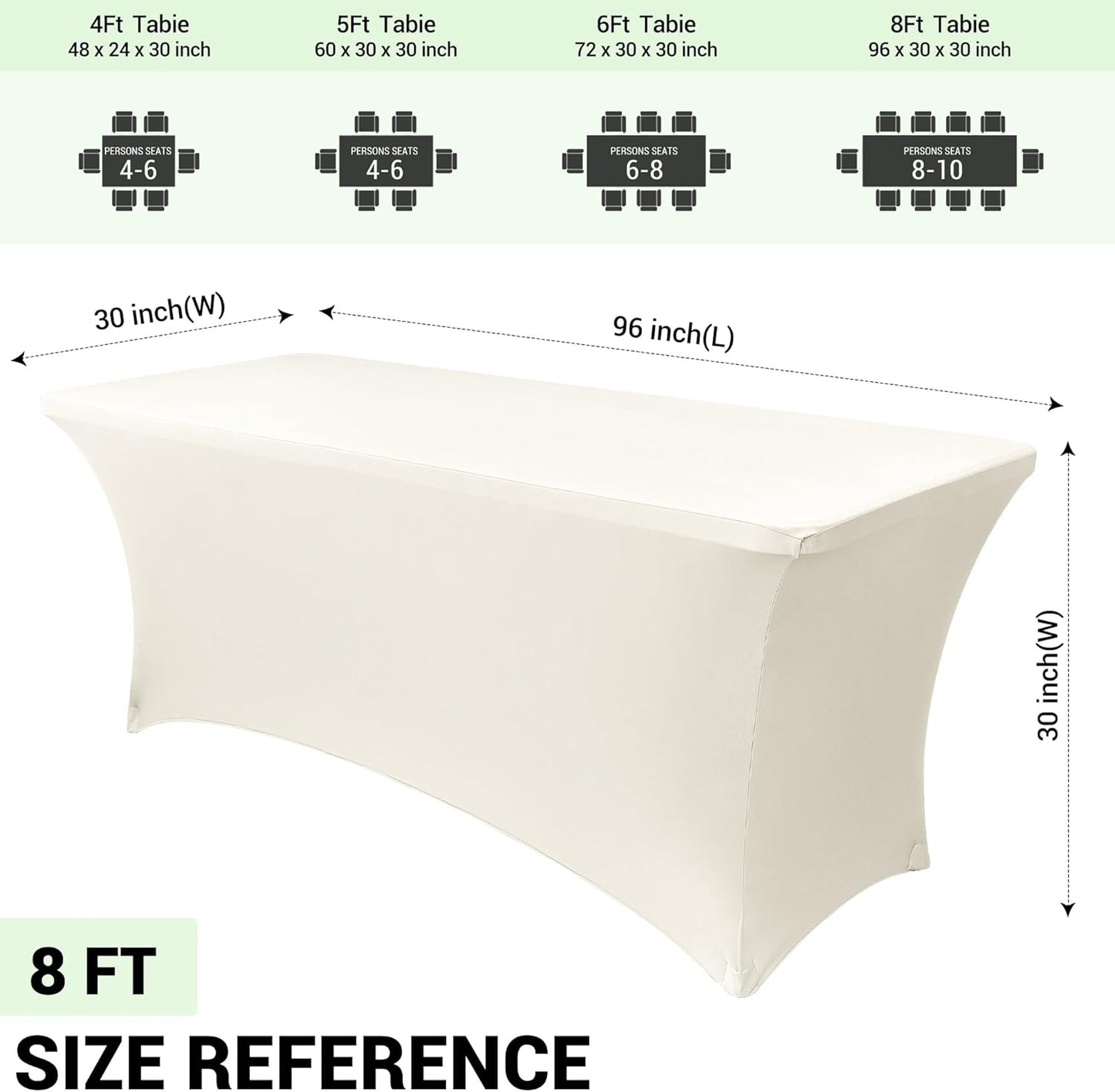 Obstal 8Ft Stretch Spandex Table Cover for Standard Folding Tables - 2 Pack Universal Rectangular Fitted Tablecloth for Party, Banquet, Events, Trade Show (Cream, 96L x 30W x 30H Inches)