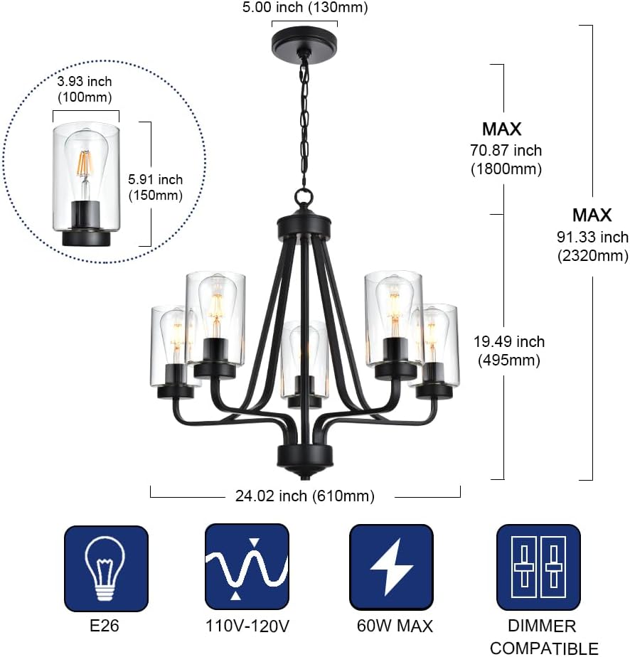 5-Lights Modern Chandelier with Clear Glass Shades, Black Farmhouse Pendant Lighting for Dining Room Kitchen Island Ceiling Light Fixture Haning Over Table