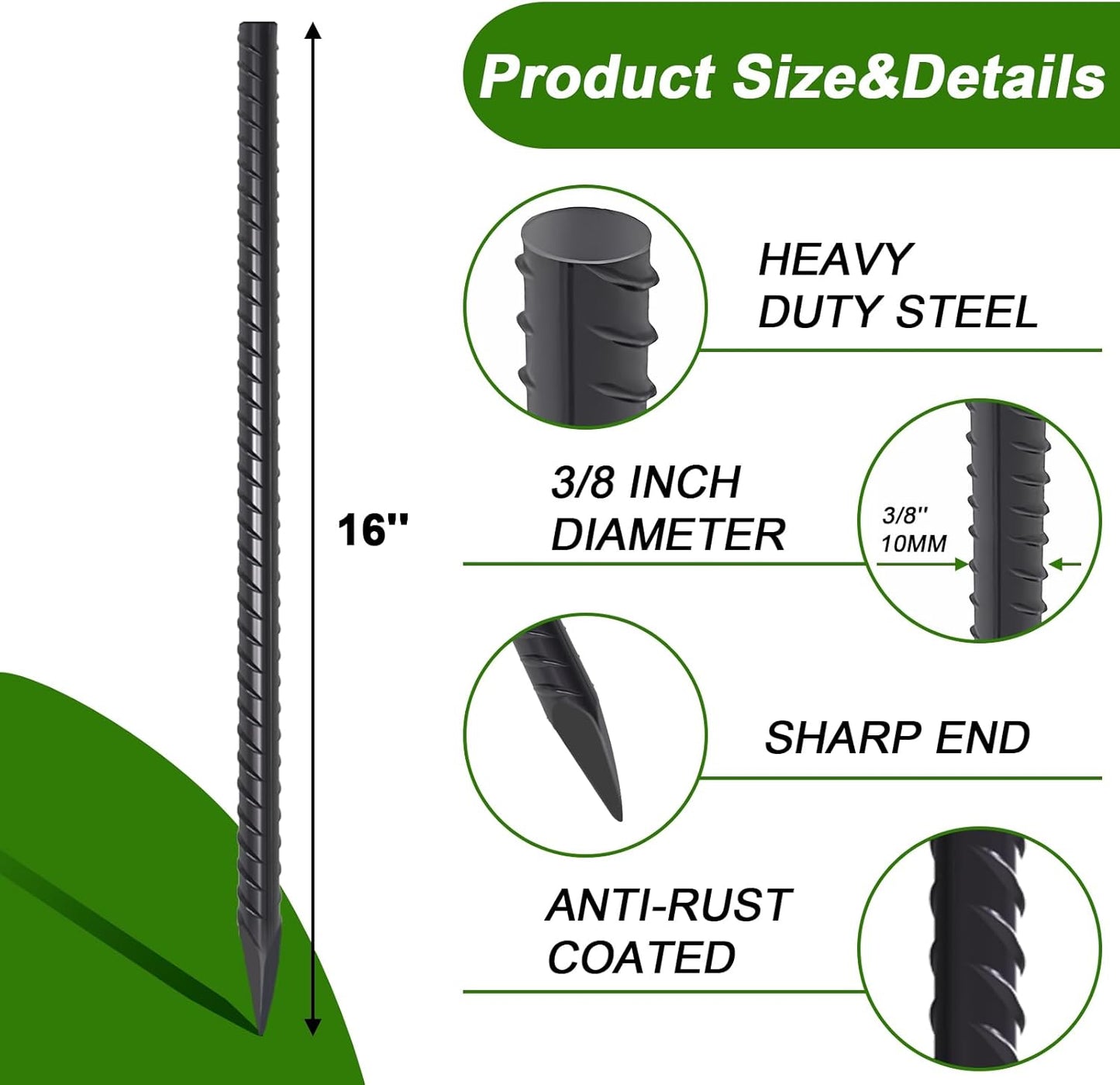 AAGUT Rebar Stakes 16 inch (34pcs) Heavy Duty 3/8” Ground Anchors Steel Garden Stakes Metal Straight Camping Tent Spikes with Chisel Point End for Hard Soil, Black Powder Coated
