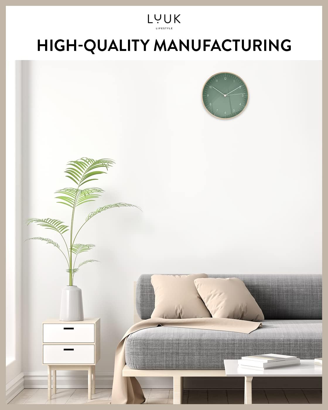 LUUK LIFESTYLE Wall Clock with Silent Movement, Without Ticking, Elegant and Functional Design, Housewarming Gift idea, Decorative, Dark Green and Gold