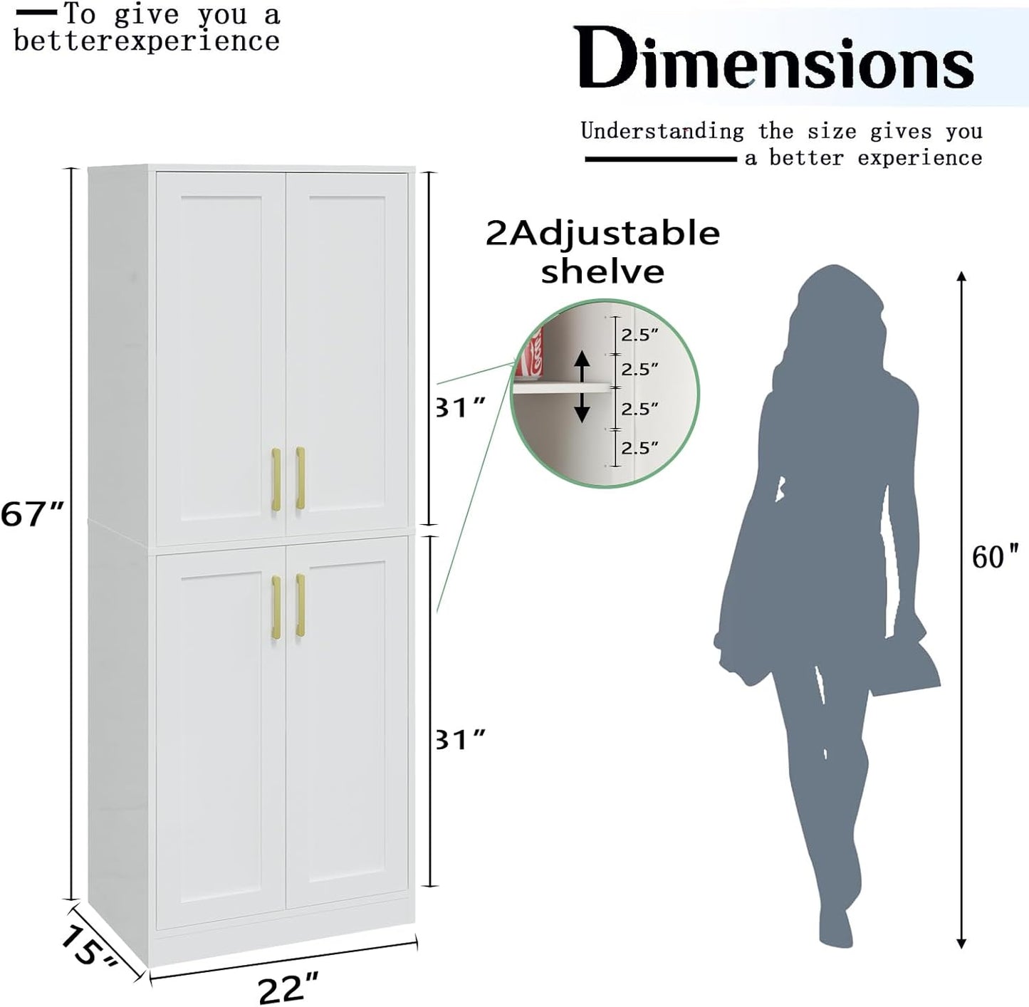 Storage Cabinet, Kitchen Pantry with Doors & Shelf, Tall Storage Cabinet for Bathroom, Living Room, Entryway,White