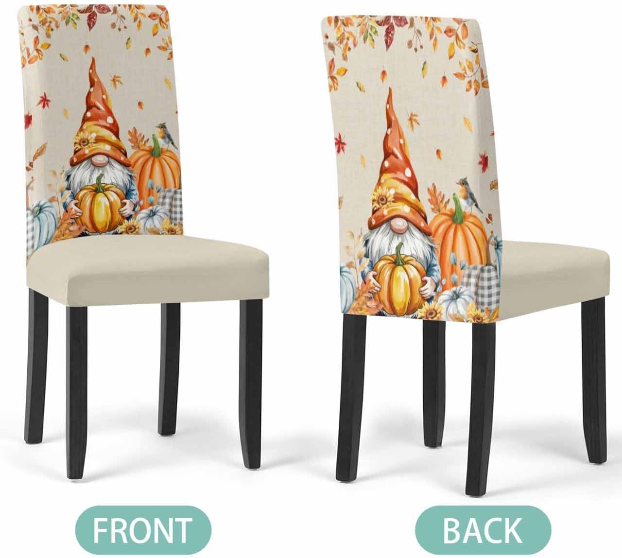 4 Pcs Dining Chair Covers Stretch Spandex Slipcovers Farm Thanksgiving Gnome Pumpkin Removable Washable Dining Room Seat Cover Cushion Protector for Home Hotel Banquet Decor Fall Maple Leaves Linen