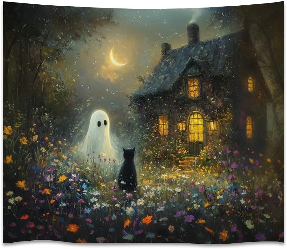 Halloween Black Cat and Ghost Tapestry Wall Hanging for Spooky Cute Bedroom Decor Dark Academia Moon Wildflower Cottage Tapestries Aesthetic for Home Living Room Decoration 30x40inch