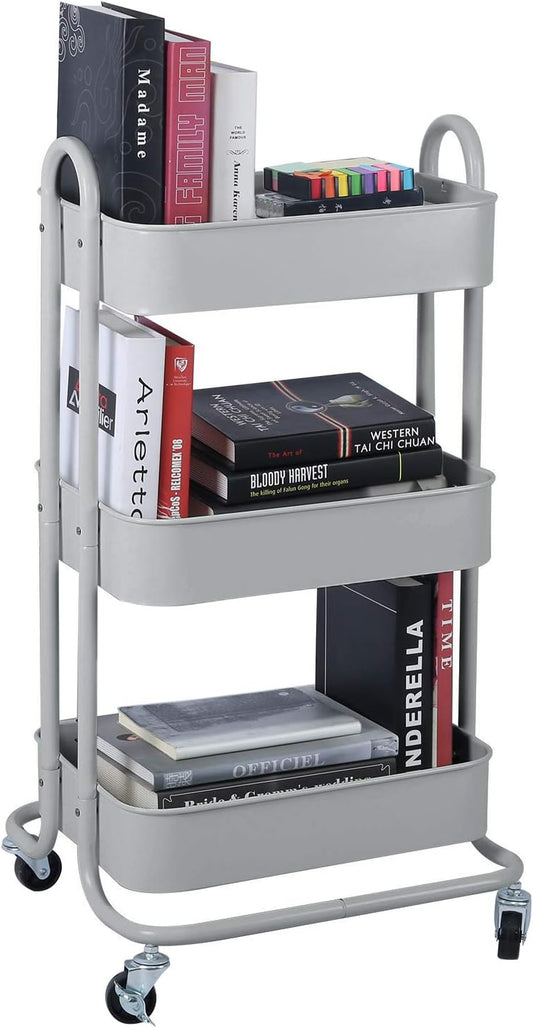 Melody House 3-Tier Metal Mesh Utility Rolling Cart Storage Organization Cart with Wheels, Light Gray
