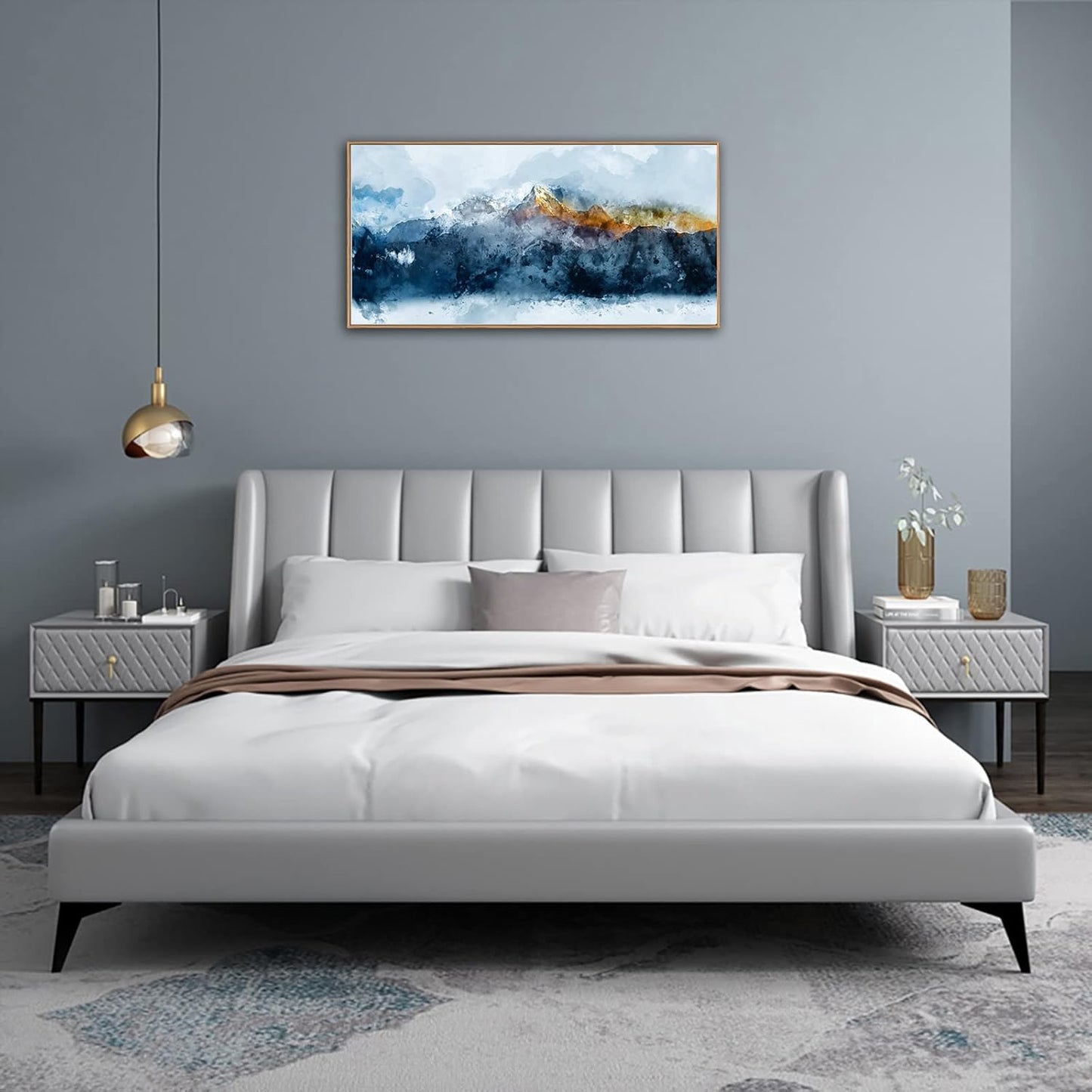 Framed Wall Art Canvas Indigo Abstract Mountain Pictures Wall Decor Blue Grey Orange Mountain Peaks Canvas Painting Prints Modern Abstract Artwork for Living Room Bedroom Decoration 20" x 40"