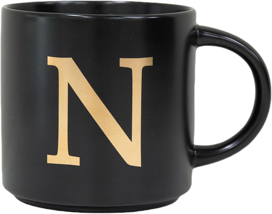 COLLECTIVE HOME - Monogram Ceramic Mugs, 15 oz Golden Initial Black Coffee Cups, Elegant Alphabet Tea Mugs, Elegant Personalized Mug with Gift Box, Unique Mug with Double Side Capital Lette (N)