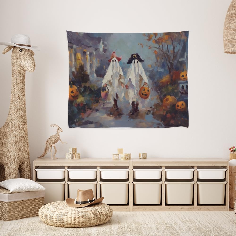 Funny Halloween Ghost Tapestry Wall Hanging Cute Kids Nursery Room Decor Trick or Treat Art Print Goth Fall Pumpkin Ghost Tapestries for Living Room Bedroom wall Decor 50x60inch