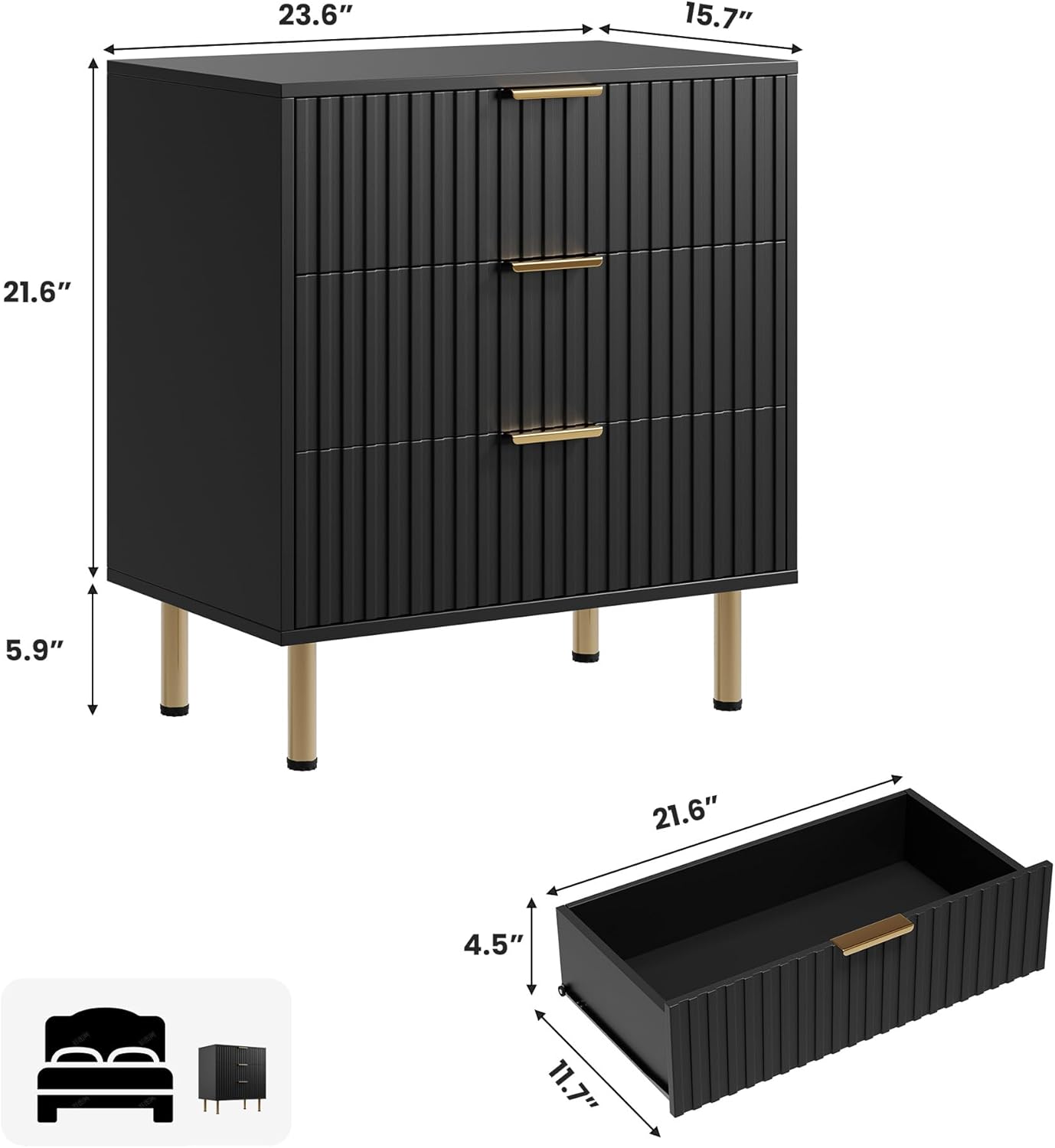 3 Drawer Dresser for Bedroom, Fluted Modern Nightstand with Deep Drawers, Chest of Drawers with Wide Top, Wooden Dresser Organizer, Side Table for Living Room, Hallway, Kids Room, Black