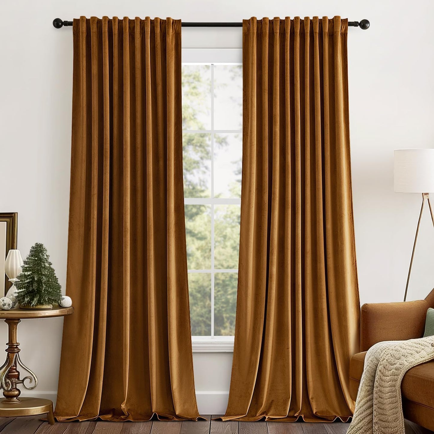 MIULEE Gold Brown Velvet Curtains 96 inches Long 2 Panels - Luxury Pinch Pleated Room Darkening Window Drapes for Bedroom Living Room Thermal Insulated Super Soft Blackout, Back Tab Rod Pocket