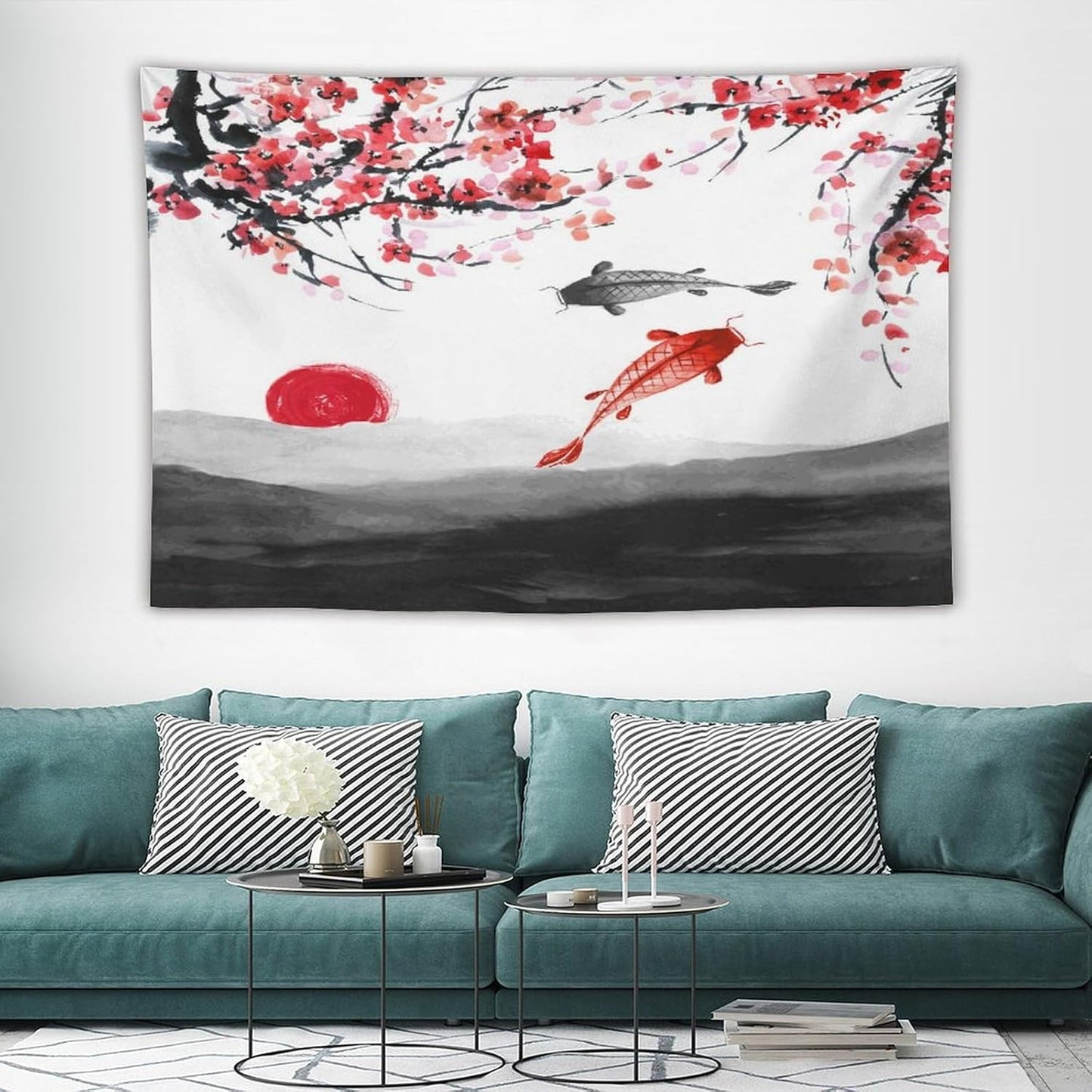 Houselerax Japanese Koi Fish Tapestries, Cherry Blossoms Asian Oriental Flower Branch Koi Fish Carp Tapestry Wall Hanging for Bedroom Living Room Office Decor 60"x40"