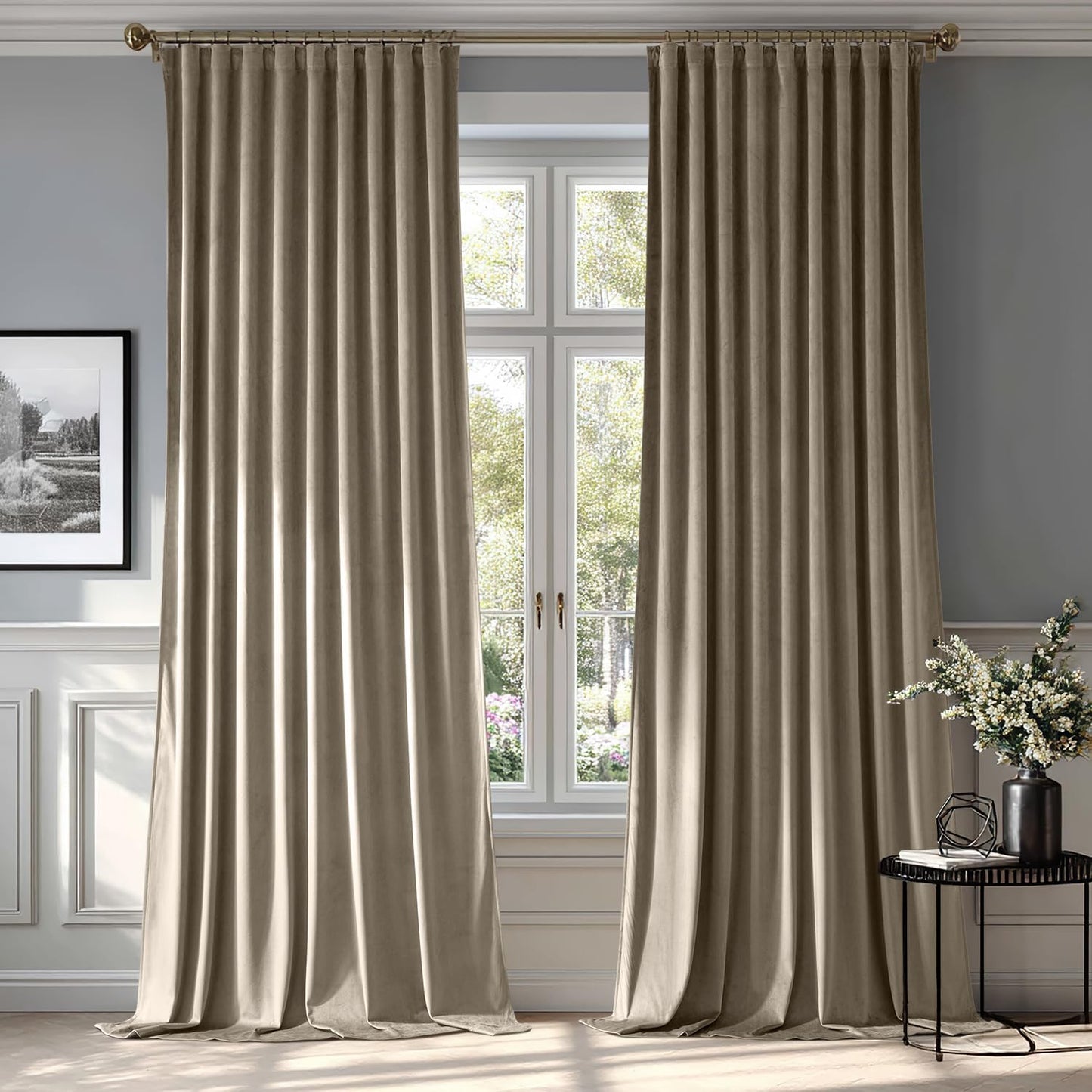 MIULEE Taupe Velvet Curtains 96 inches 2 Panels - Luxury Room Darkening Window Drapes for Bedroom Living Room Thermal Insulated Super Soft Blackout, Back Tab Rod Pocket Pinch Pleated, W52 x L96
