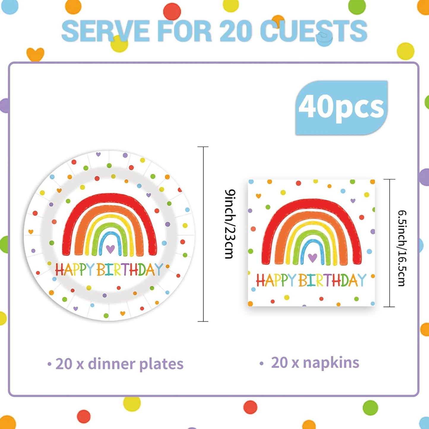 40 Pcs Happy Birthday Party Dinner Dessert Plates and Napkins Sets 9" Paper Plates and 6.5" Napkins Party Supplies Tableware Decoration For Birthday Picnic
