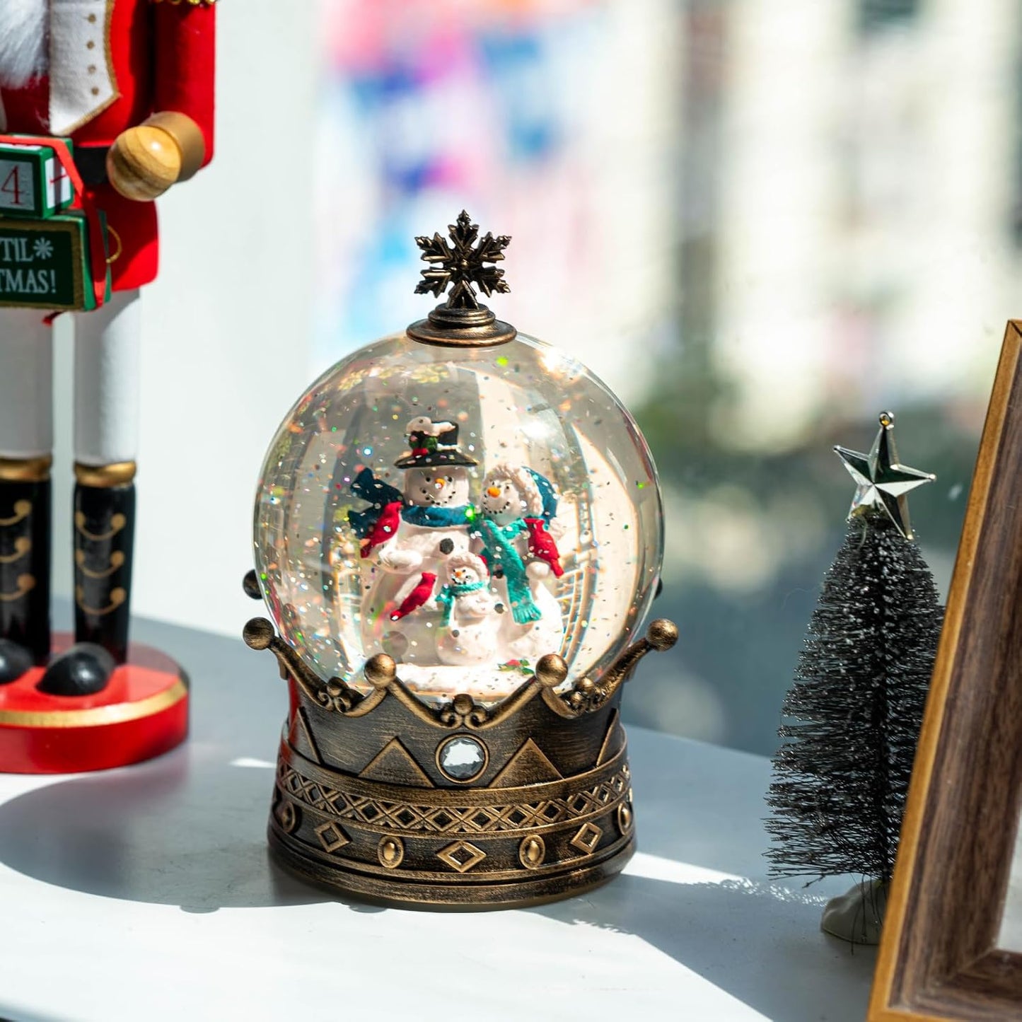 Christmas Snow Globe Lantern Water Glittering Snowman Family Crown with Music, USB Lined/Battery Operated Lighted Lantern for Christmas Festival Decoration Gifts