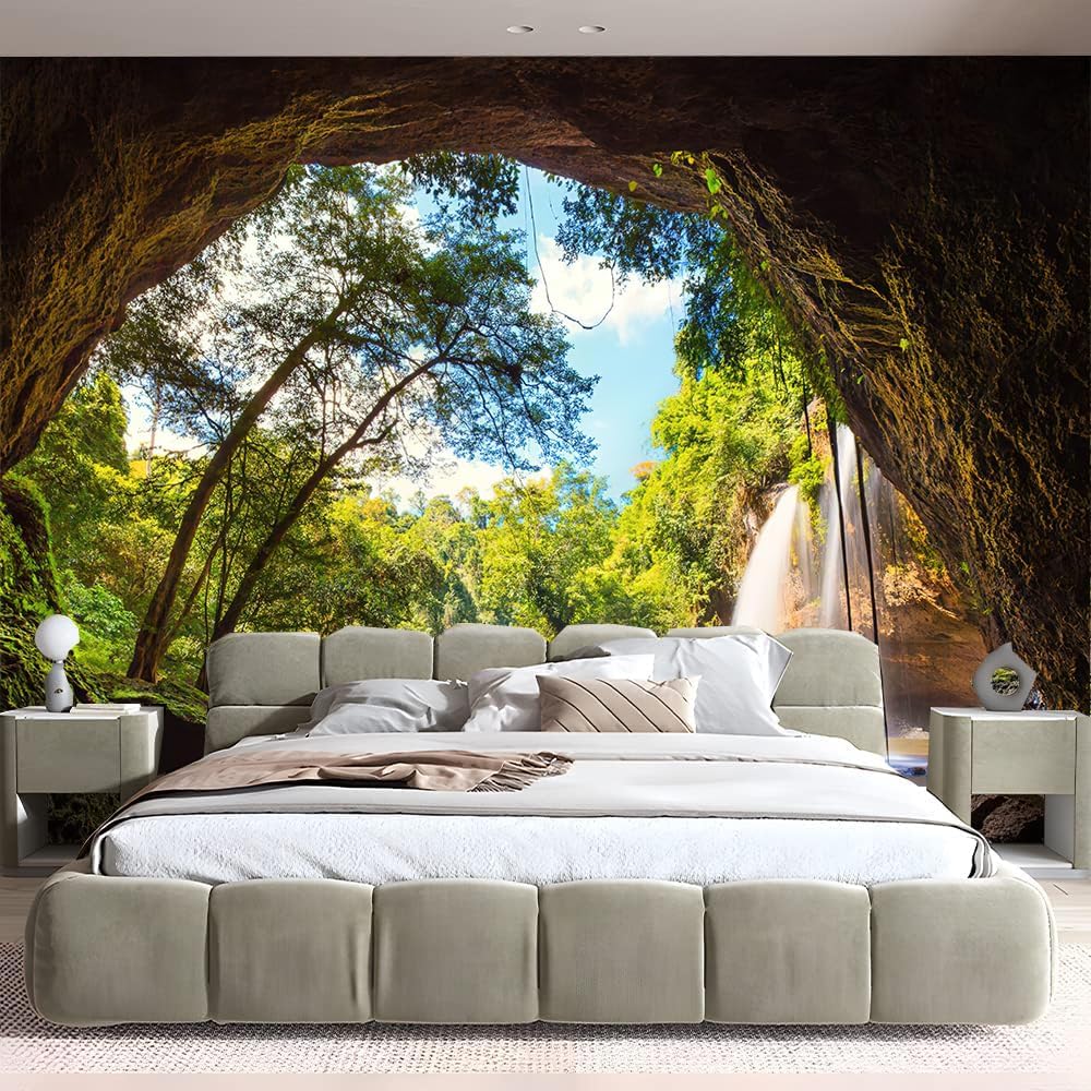 FENDROM Green Misty Forest Tapestry Wall Hanging Nature Mountain Cave Landscape Tapestry Waterfall River Tapestries for Bedroom Living Room Dorm Decor