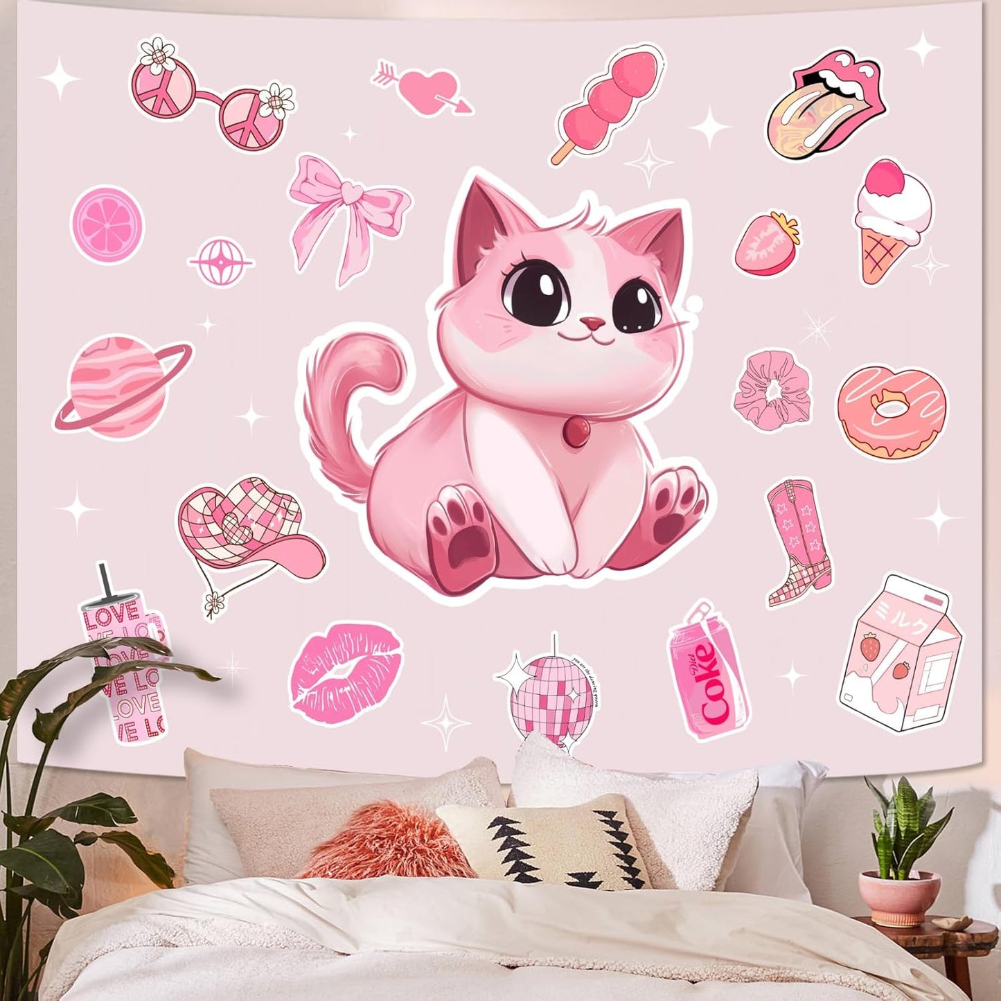 Lunerfex Y2K Tapestry Pink Cat Wall Tapestry, Cute Tapestries for Bedroom Funny Tapestries Wall Hanging for Bedroom Living Room Decor Pink-5 44"x60"