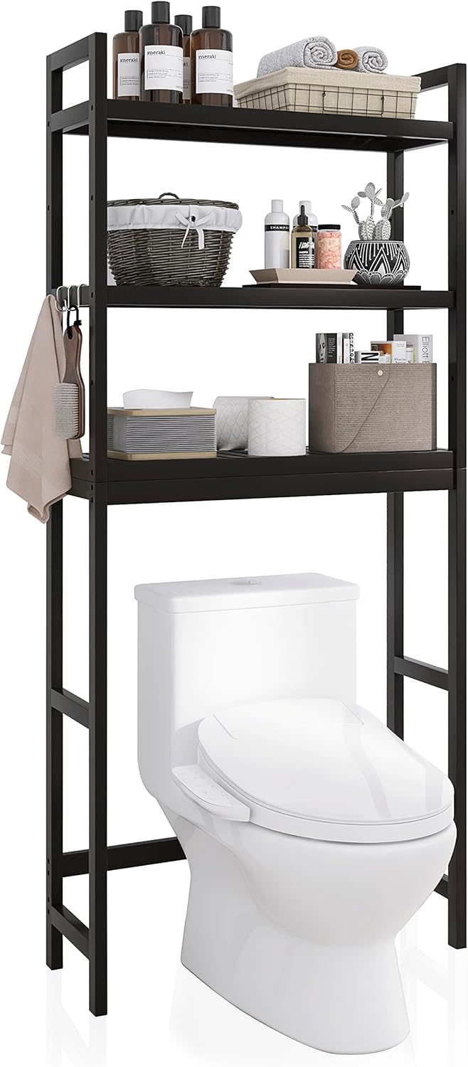 SMIBUY Bathroom Storage Shelf, Bamboo Over-The-Toilet Organizer Rack, Freestanding Toilet Space Saver with 3-Tier Adjustable Shelves (Black)