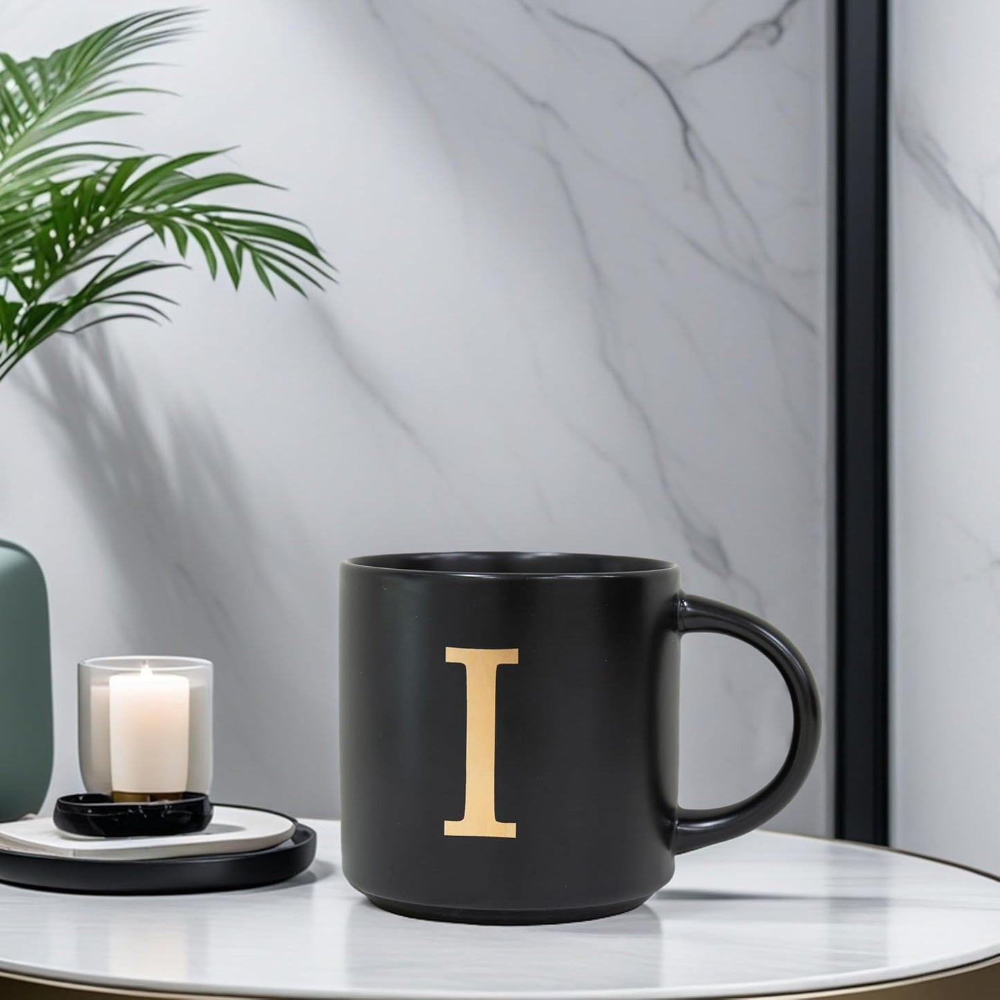 COLLECTIVE HOME - Monogram Ceramic Mugs, 15 oz Golden Initial Black Coffee Cups, Elegant Alphabet Tea Mugs, Elegant Personalized Mug with Gift Box, Unique Mug with Double Side Capital Lette (I)