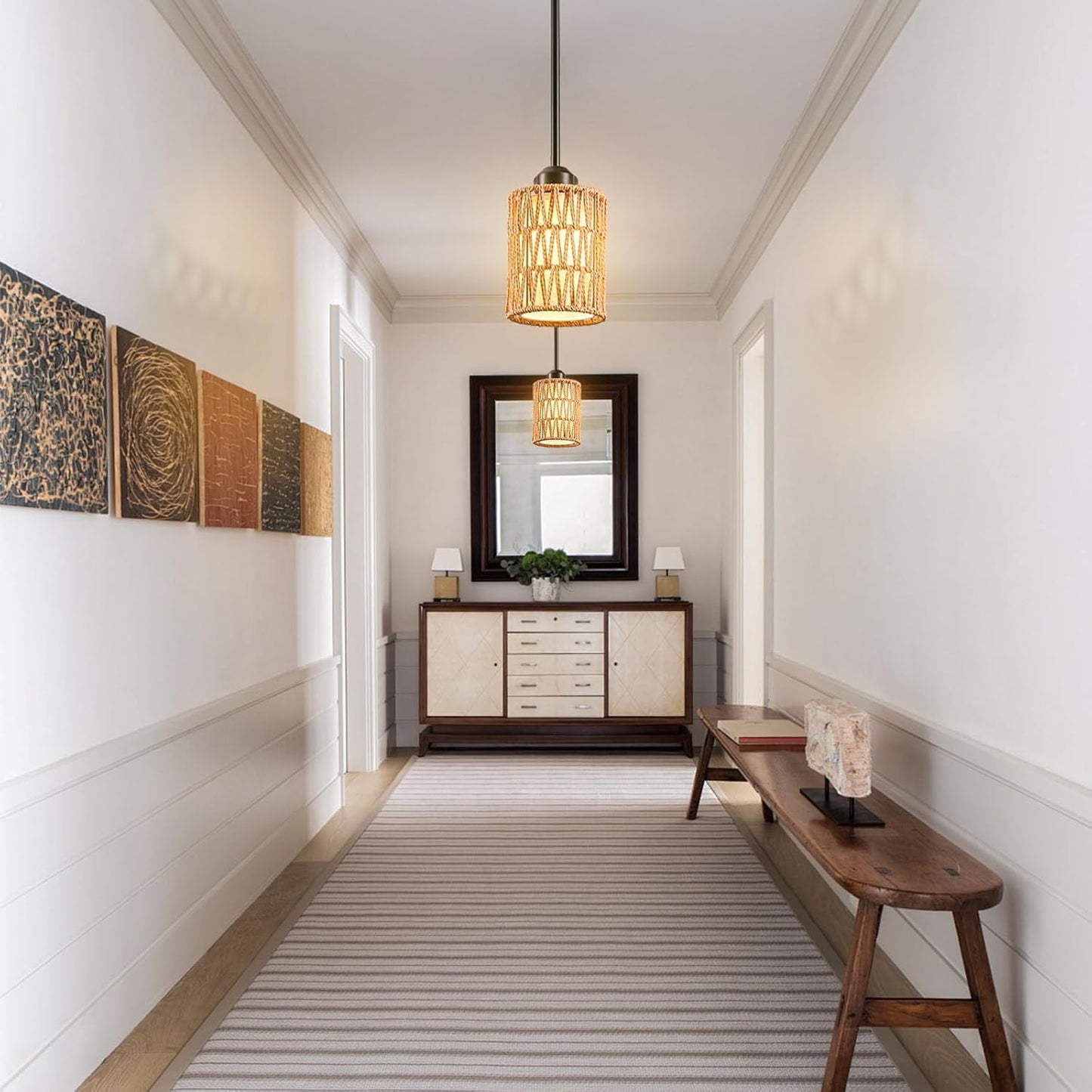 Pendant Light Boho Hanging Lamp - Rattan & Linen 2-in-1 Shade, Adjustable Hanging Lights Fixture for Kitchen Island, Dining Room, Farmhouse, Bedroom (2 Pack)