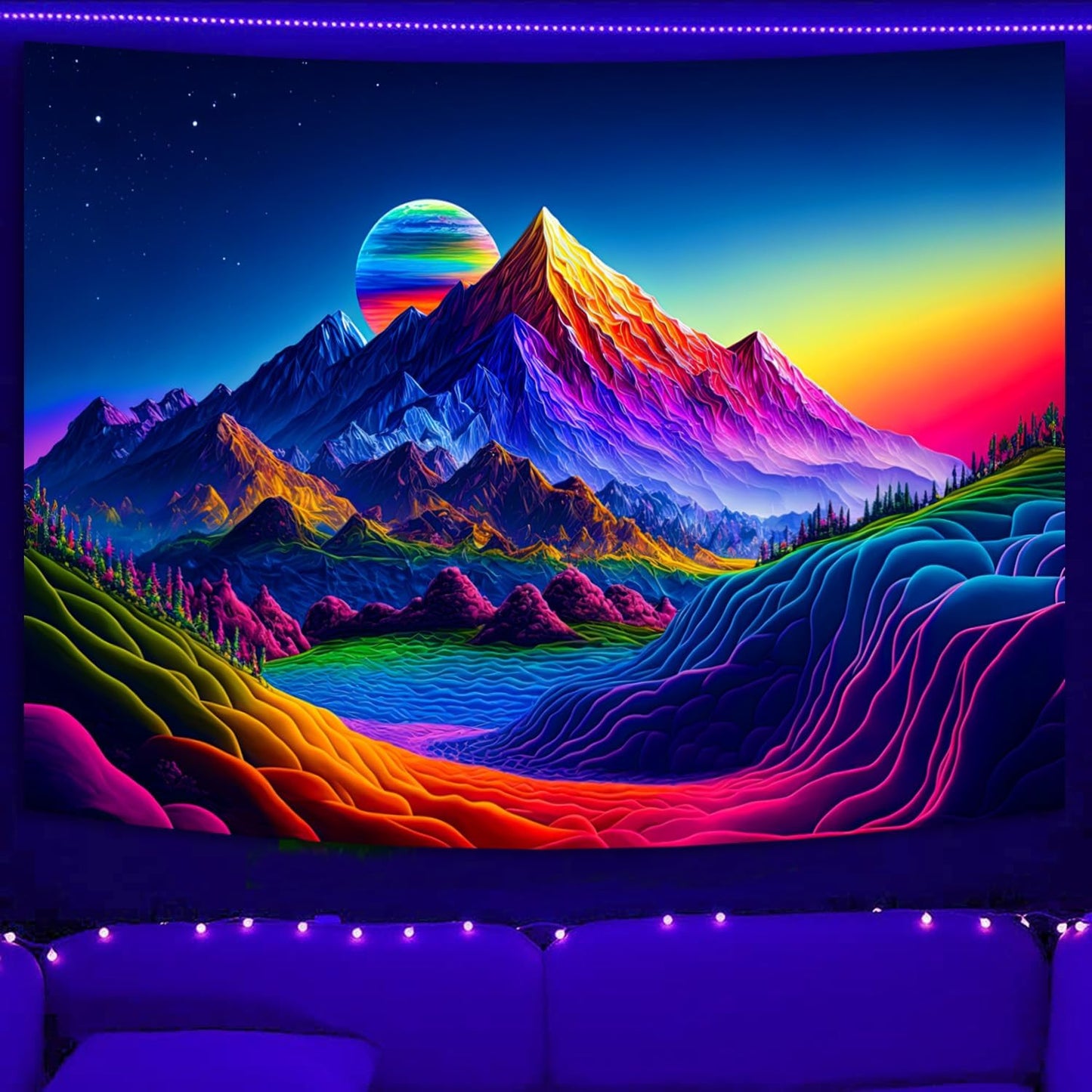 SparkLia Sunset Mountain Tapestry, Blacklight Colorful Forest Lake UV Reactive Tapestry, Neon Glow in the Dark Starry Stars Nature Landscape Wall Hanging Tapestries for Bedroom - 51.2" x 59.1"