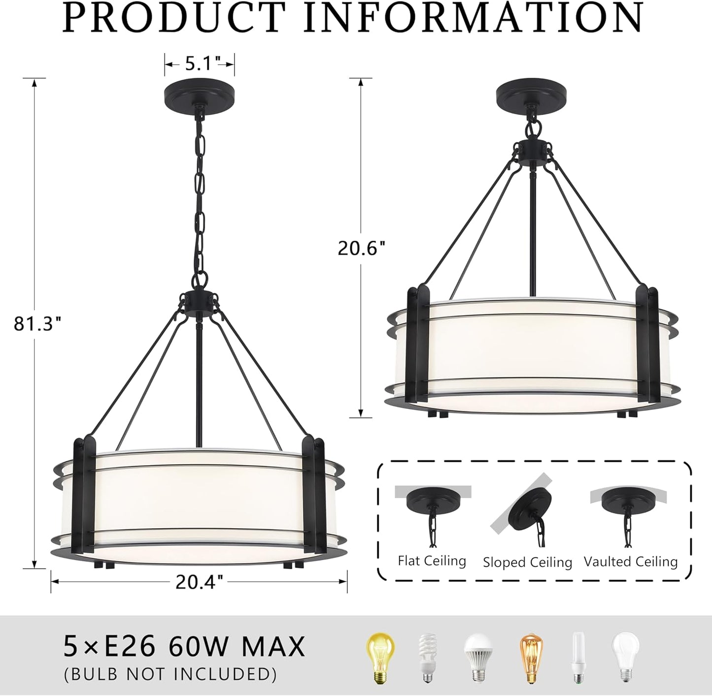 20.4''Drum Chandelier,5-Light Fabric Modern Chandeliers,Black Farmhouse Round Pendant Light Fixture for Dining Room Kitchen Island Living Room Bedroom Hallway
