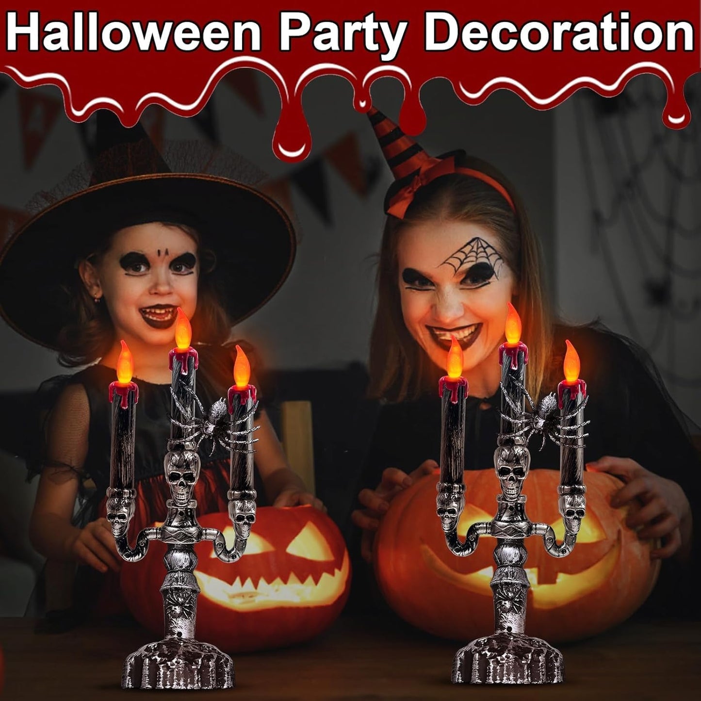 TURNMEON 2 Pack Halloween Candles Halloween Decorations LED Flame Less Candelabra 3-Flickering Lamp Light Up Battery Operated Candles Holder Spider Decor Indoor Table Home Haunted Party