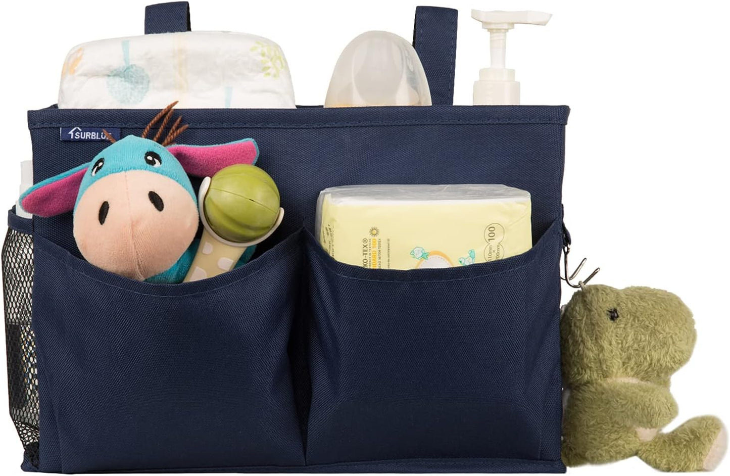 Surblue Bedside Caddy Hanging Organizer Storage Bag Pocket for Bunk, Hospital, College Dorm Rooms, Baby Bed Rails, Camp - 4 Pockets, 2 Hooks (Blue)