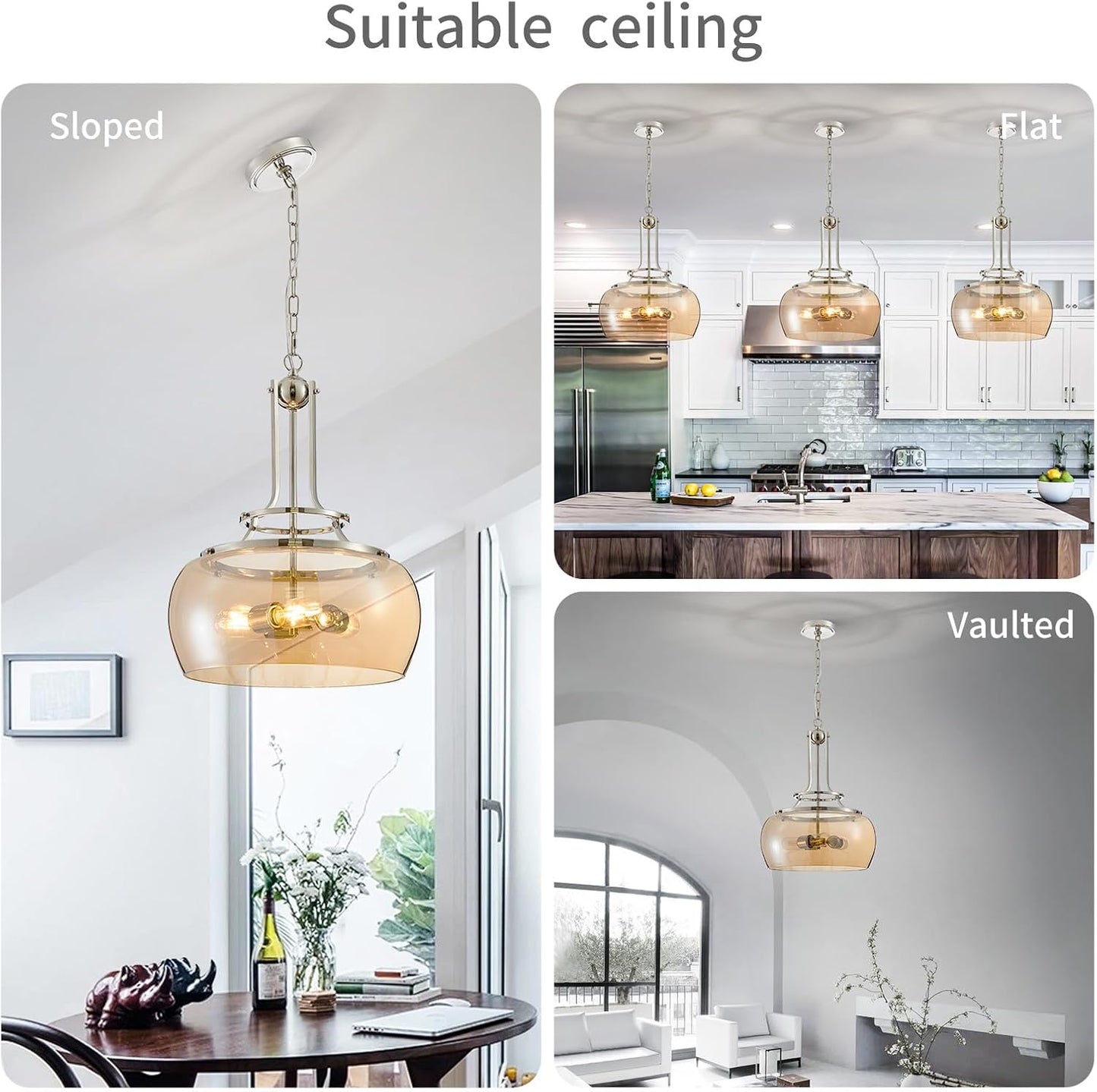 WUZUPS Nickel Chandelier Rustic Farmhouse Industrial Round Ceiling Pendant LED Light Fixture with Amber Glass Shade for Dining Room Kitchen Island Foyer Entryway, H 20.9" W 15.9", E26 Base