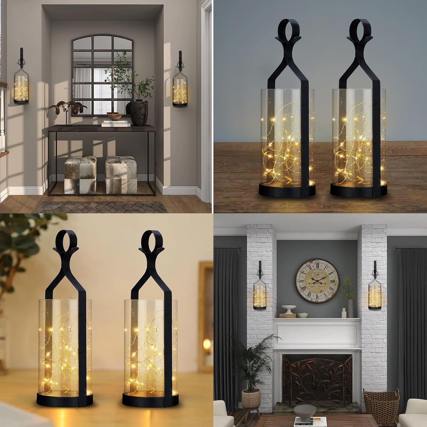 Metal Wall Sconce 35 Led Lantern Set of 2 - Black Wall Mounted Hanging Holder with Glass & Candles Vintage Wall Decor for Porch, Living Room, Dining Room, Bedroom Indoor Decor