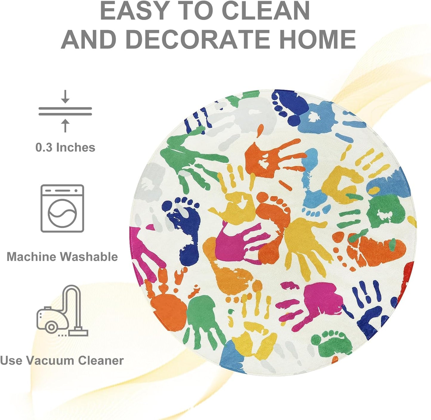 STARUIA Large Round Rug for Classroom 6 Ft, Colorful Circle Rug for Nursery, Washable Kids Rug for Playroom, Soft Circular Carpet Handprints and Footprints Play Mat for Kids Bedroom Toy Room