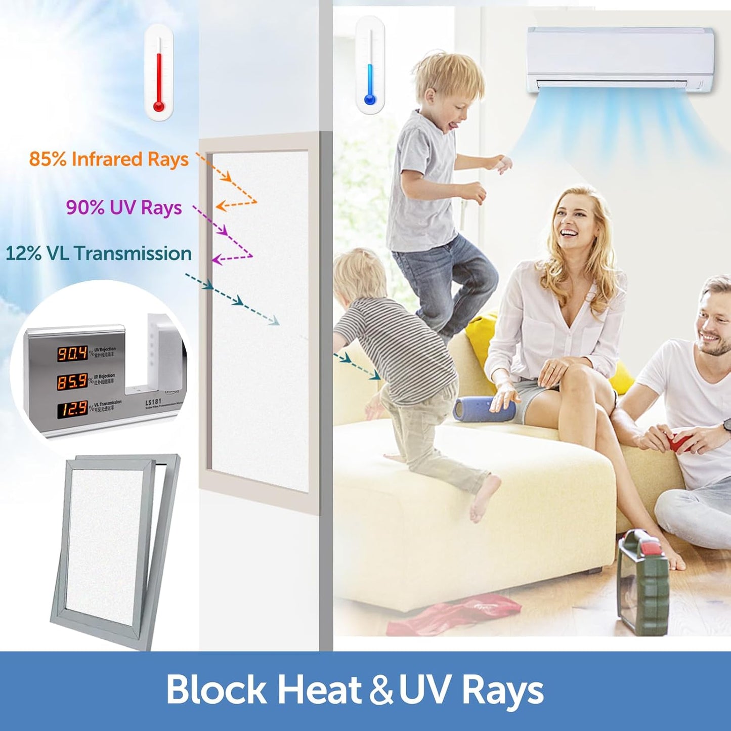 HIDBEA Frosted Window Privacy Film - Non Adhesive Static Cling Glass Stickers Sun UV Blocking Heat Control Door Covering Decals for Home Office, 35.4 x 393.7 Inch