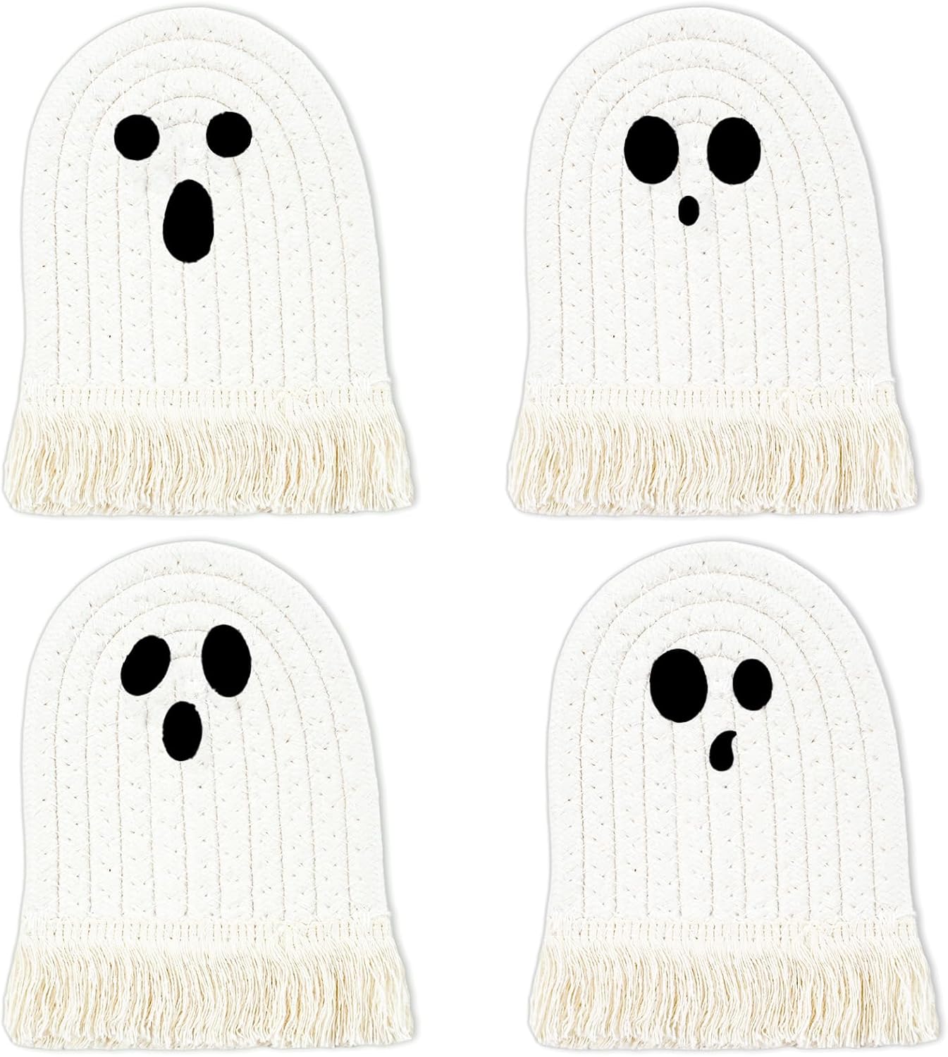 Whaline Halloween Ghost Cotton Coasters Cute White Ghost Shape Handmade Braided Drink Coasters Absorbent Cup Mats for Trick or Treat Party Home Table Decor, Set of 4