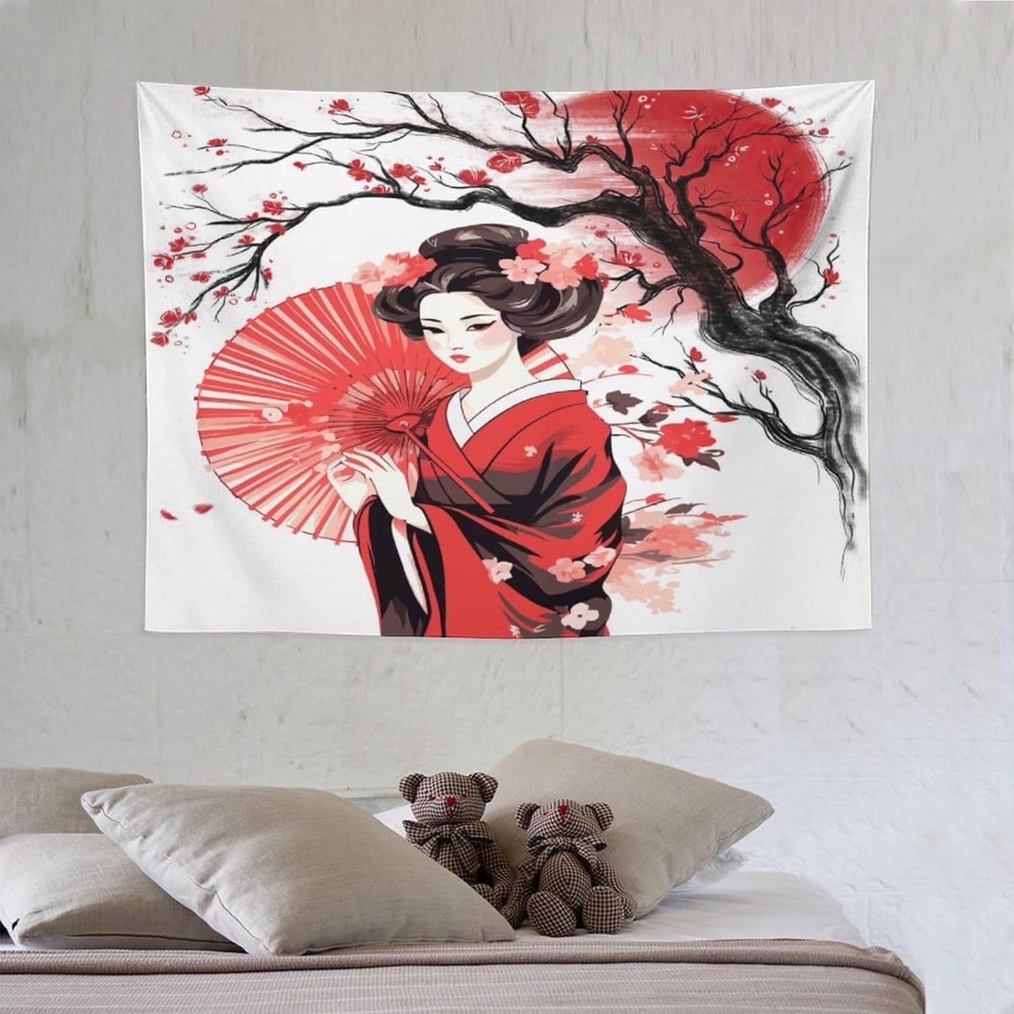 Japanese Red Geisha Tapestry Asian Cherry Blossom Traditional Kimono Folk Tapestries Home Decor for Living Room Bedroom Apartment Farmhouse Dorm 40"x30"