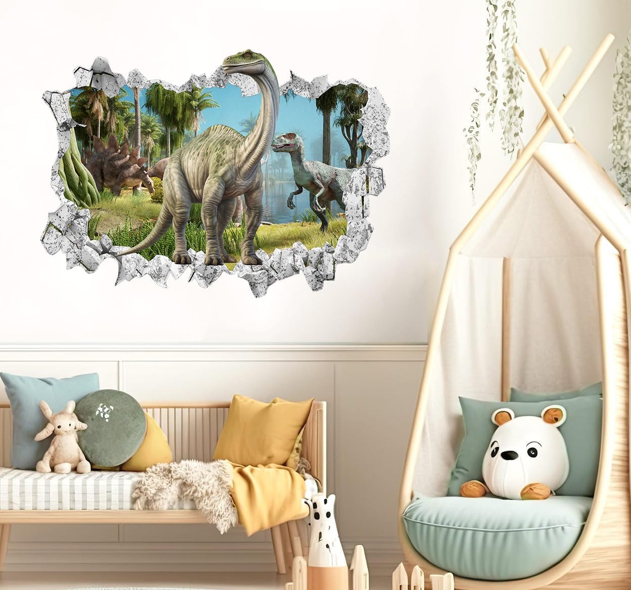 Large 3D Dinosaur Wall Stickers (31.7”x 22.5”), Dino Broken Hole Vinyl Wall Decals, Removable Forest Dinosaur Animal Wall Art for Kids Boys Bedroom Playroom Decor
