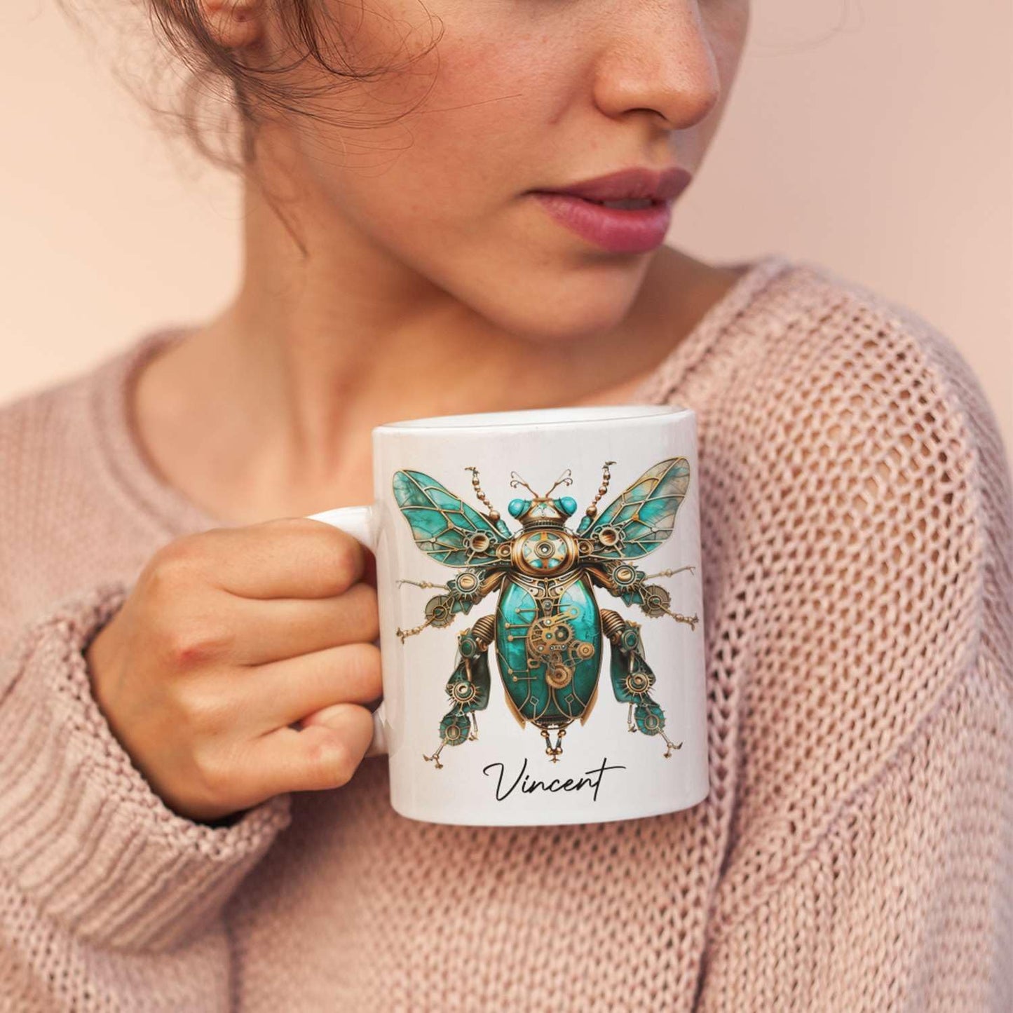 Unique Mechanical Insect Art Ceramic Cup, Personalized Steampunk Beetle Design Coffee Mug 11oz, Custom Name White Mug For Science Fiction Enthusiasts, Customized Insect Ceramic Mug