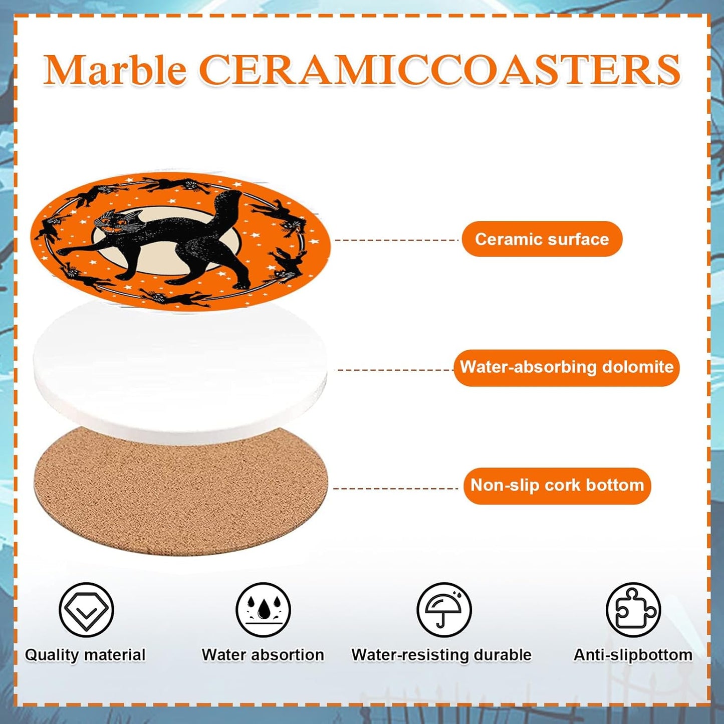 Generic AnyDesign 4Pcs Halloween Coasters Black Cat Ceramic Drink Coasters Vintage Cup Mats for Home Kitchen Table Protection Housewarming Gift