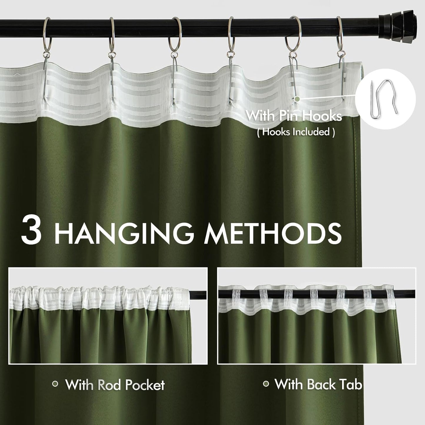 MIULEE Olive Green Back Tab Blackout Curtain 96 Inch Long 2 Panels Set for Bedroom, Rod Pocket/Pinch Pleat Thermal Insulated Living Room Darkening Pleated Light Blocking Floor to Ceiling Drape