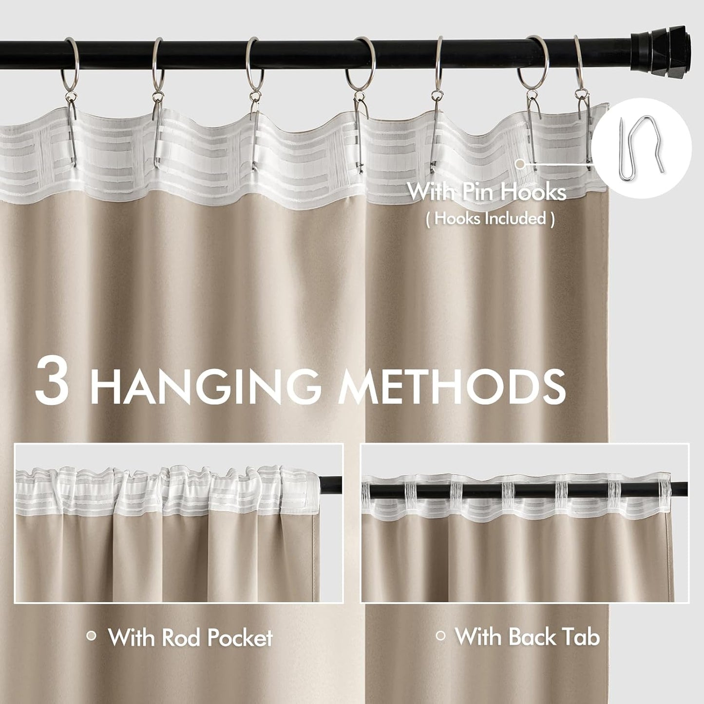 MIULEE Taupe Back Tab Blackout Curtain 96 Inch Long 2 Panels Set for Bedroom, Rod Pocket/Pinch Pleat Thermal Insulated Living Room Darkening Pleated Light Blocking Floor to Ceiling Drape