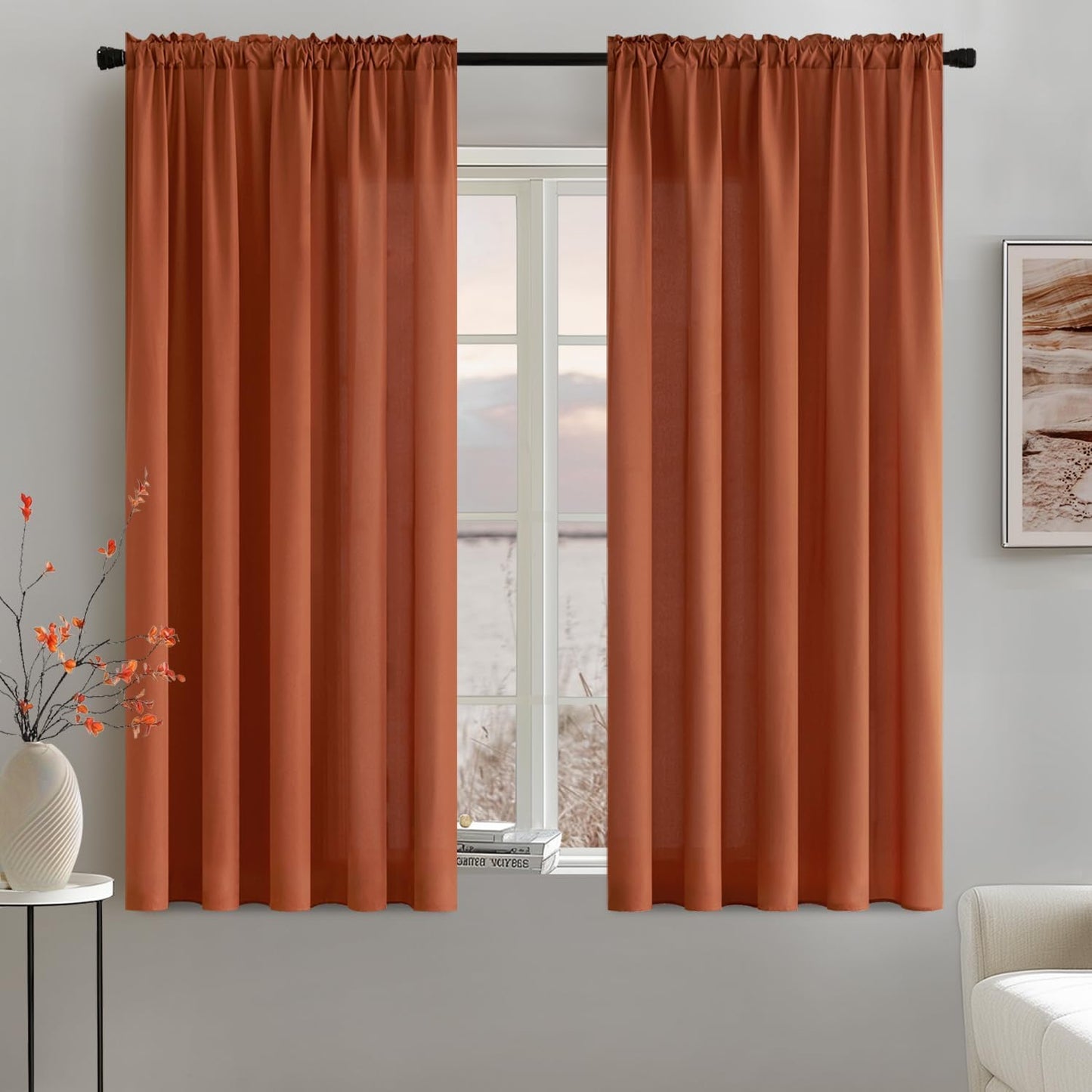 MIULEE Terracotta Privacy Sheer Curtains That Let Light in 63 Inches Long Non-See-Through Semi Sheer Curtain Light Filtering Window Curtains Drapes for Living Room Bedroom 2 Panels Set 42 X 63