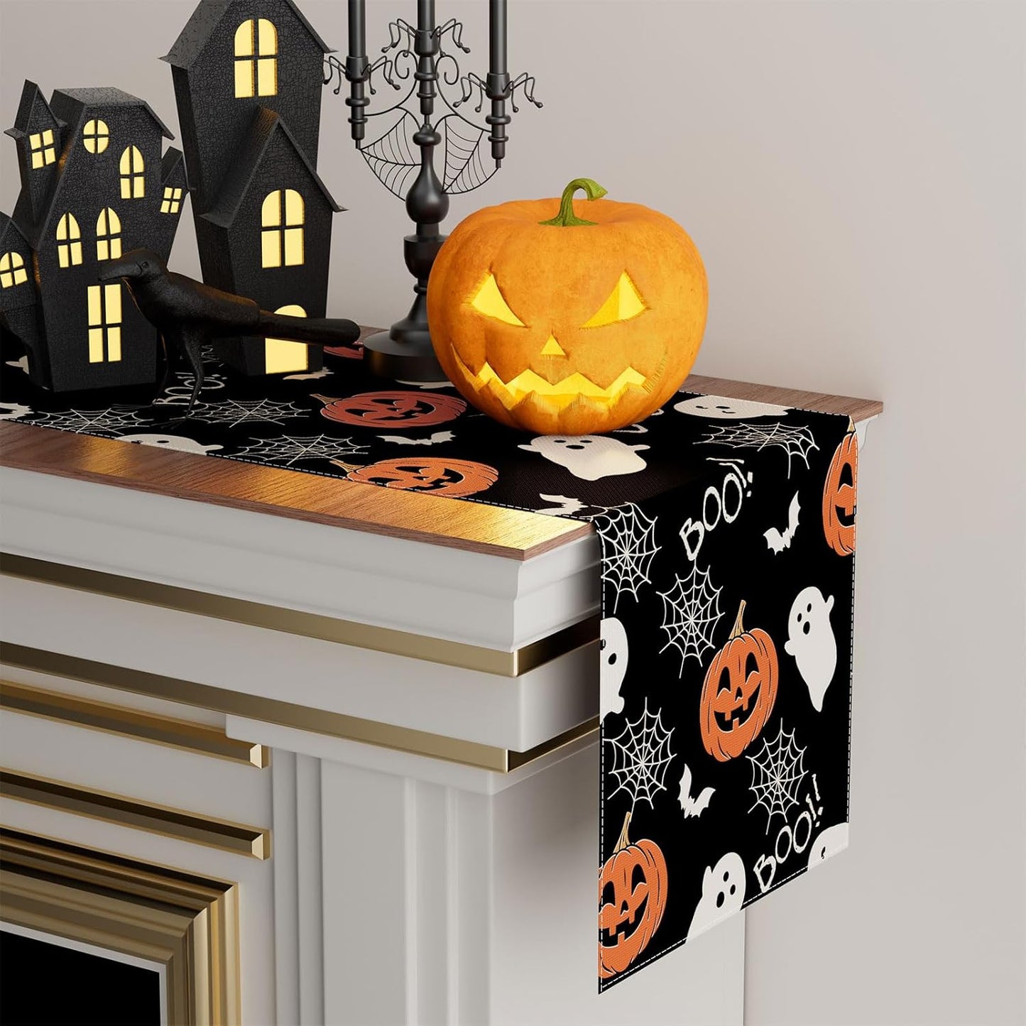 XCHI Boo Spooky Ghost Pumpkin Halloween Table Runner Burlap Table Decoration for Home Kitchen Dining Dinner Indoor Holiday Farmhouse Decor 13x108 Inch
