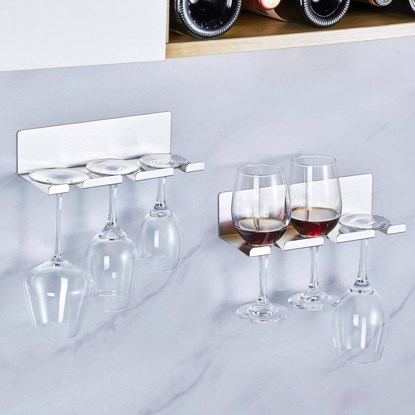 Wine Glass Holder Wine Glass Drying Rack Stainless Steel Hanging Stemware Rack Wall Mounted Adhesive Hanging Wine Glass Organizer Stemware Holder for Bar Restaurant Kitchen 2 Pack