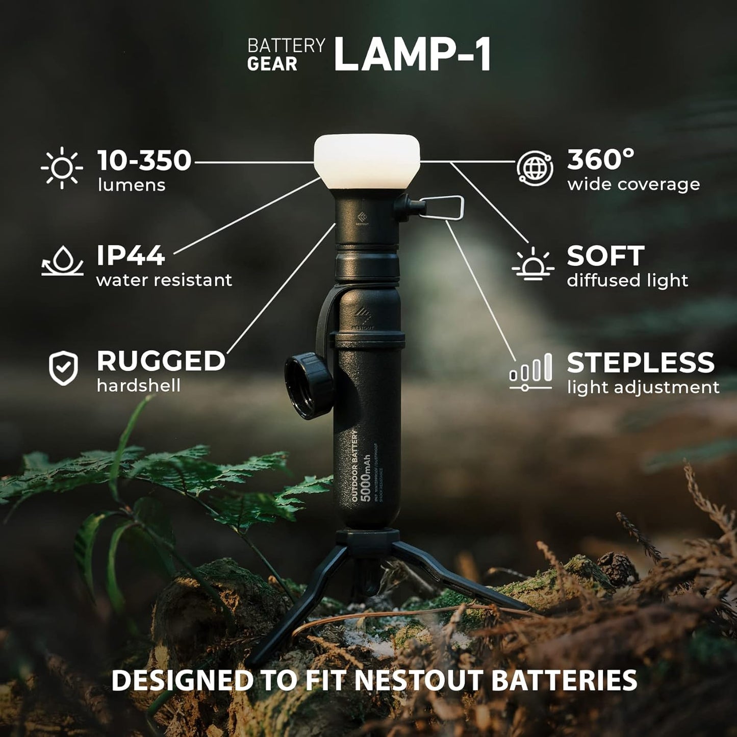 ELECOM NESTOUT Outdoor Camping LED Lantern w/ Mini Tripod, Dimmable USB Powered Soft LED Light, IP44 Water Dust Resistant, 10-350 Lumen, Portable Lamp for NESTOUT Power Bank, Black (LAMP-1)