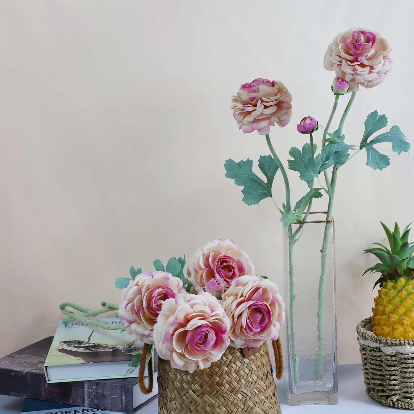 Artificial Ranunculus Flowers 23 Inch Long Stem - 6 Pack Silk Buttercup Stems for Wedding Bouquets, Centerpieces,Home Decor - Realistic Deep Pink Faux Floral Arrangements (Deep Pink)