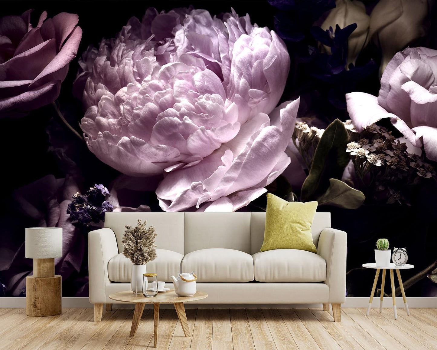 -Black Peony Purple Floral Botanical Fabric Wallpaper Living Room Bedroom Bathroom Dark Flowers Wall Mural- 91"x65"（ not Peel and Stick）