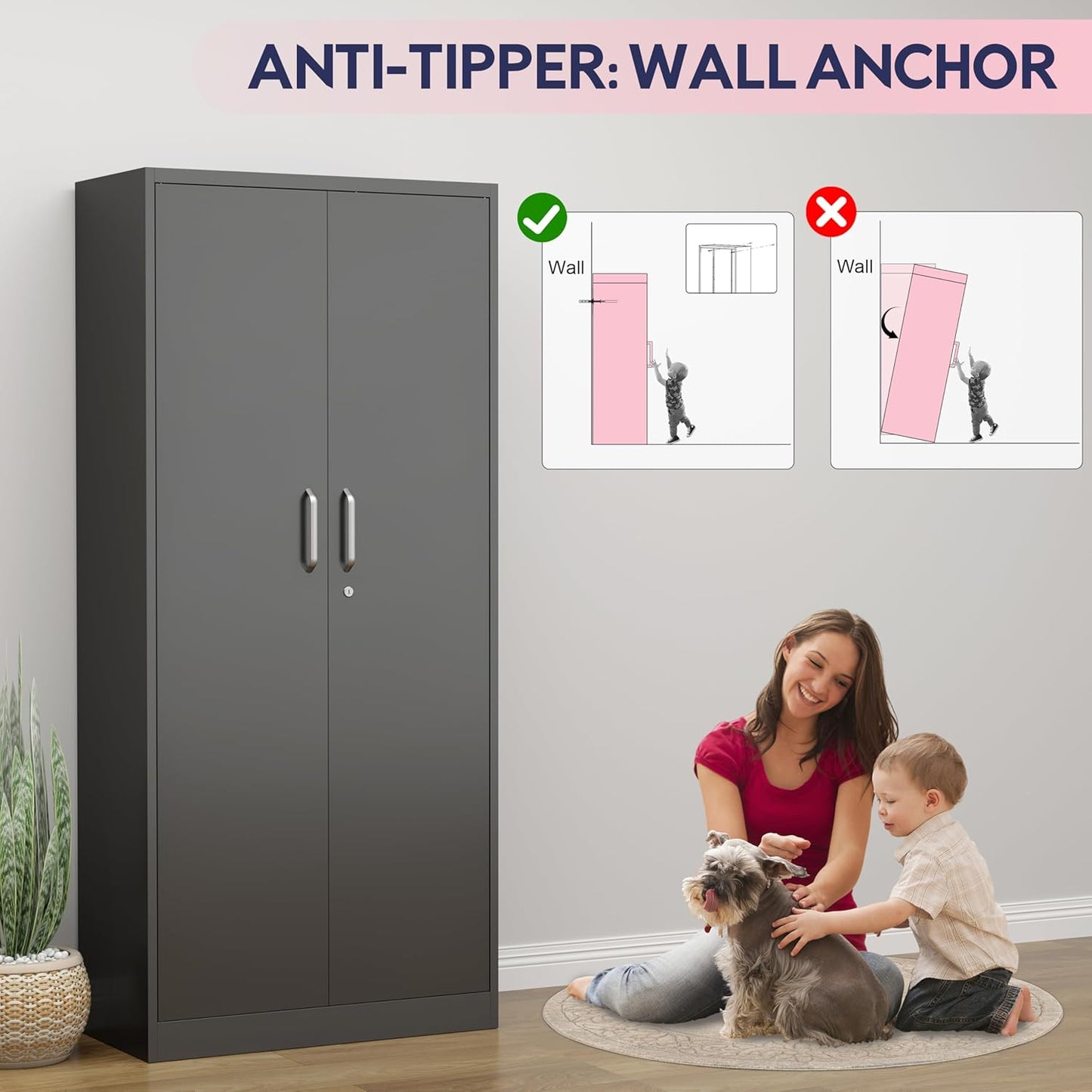 71" Garage Storage Cabinets with Lock, Cabinets with Doors and Shelves, Kitchen Pantry Cabinet, Metal Cabinet for Office, Garage, Shop, School, Assemble Required, Black