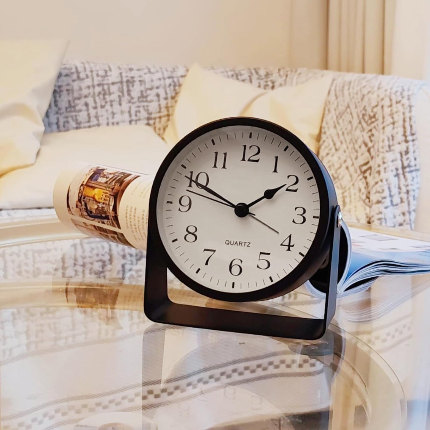 Small Desk Analog Alarm Clock Battery Powered Mini Metal Nightstand Shelf Clock with Light Side Table Decor Mid Century Cute Alarm Clock for Heavy Sleepers Bedrooms Desktop Living Room Bathroom