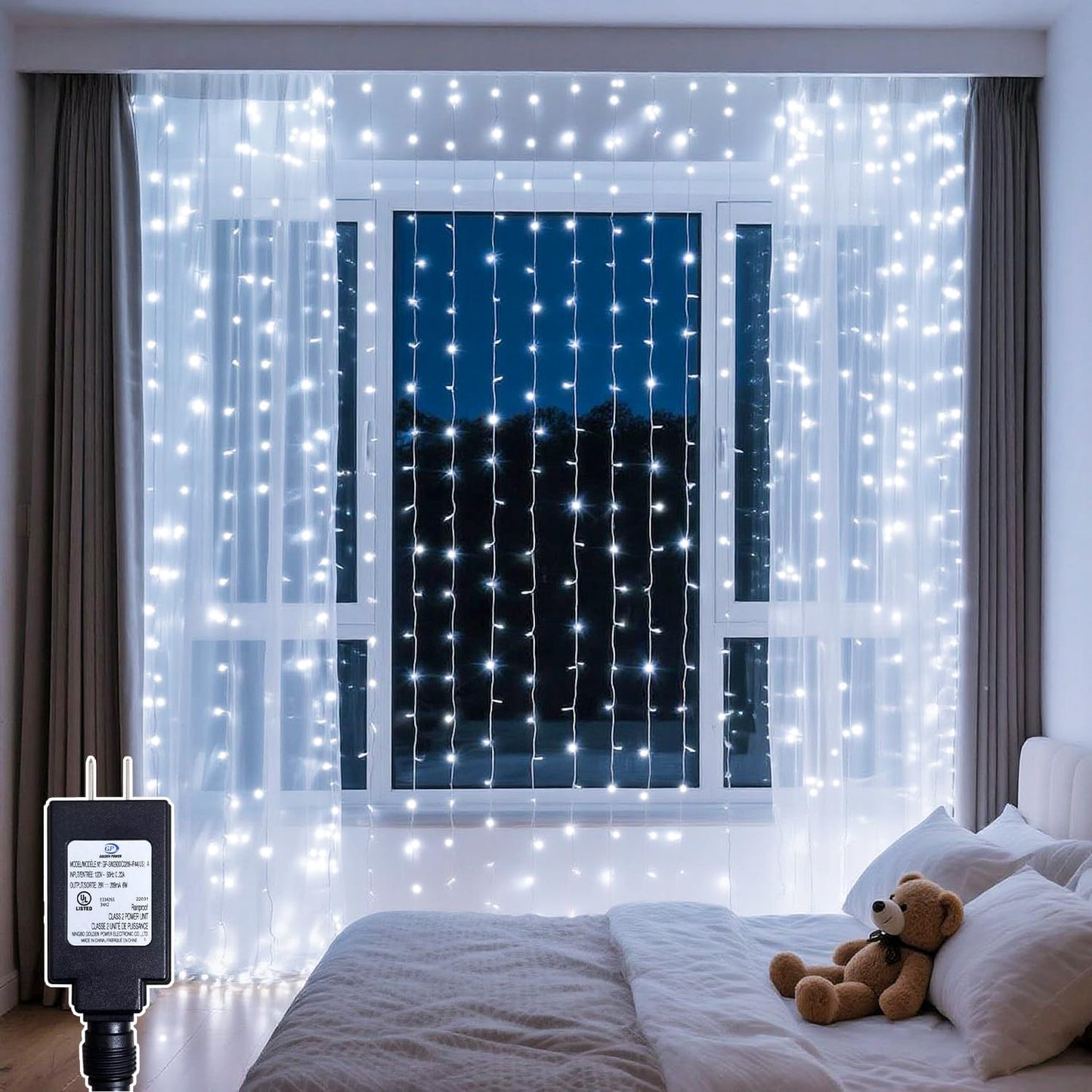 300 LED Curtain String Lights 9.8FT Plug in Fairy Lights with Timer and 8 Modes, Waterproof Window Wall Lights for Bedroom Wedding Party Indoor Outdoor Christmas Decor