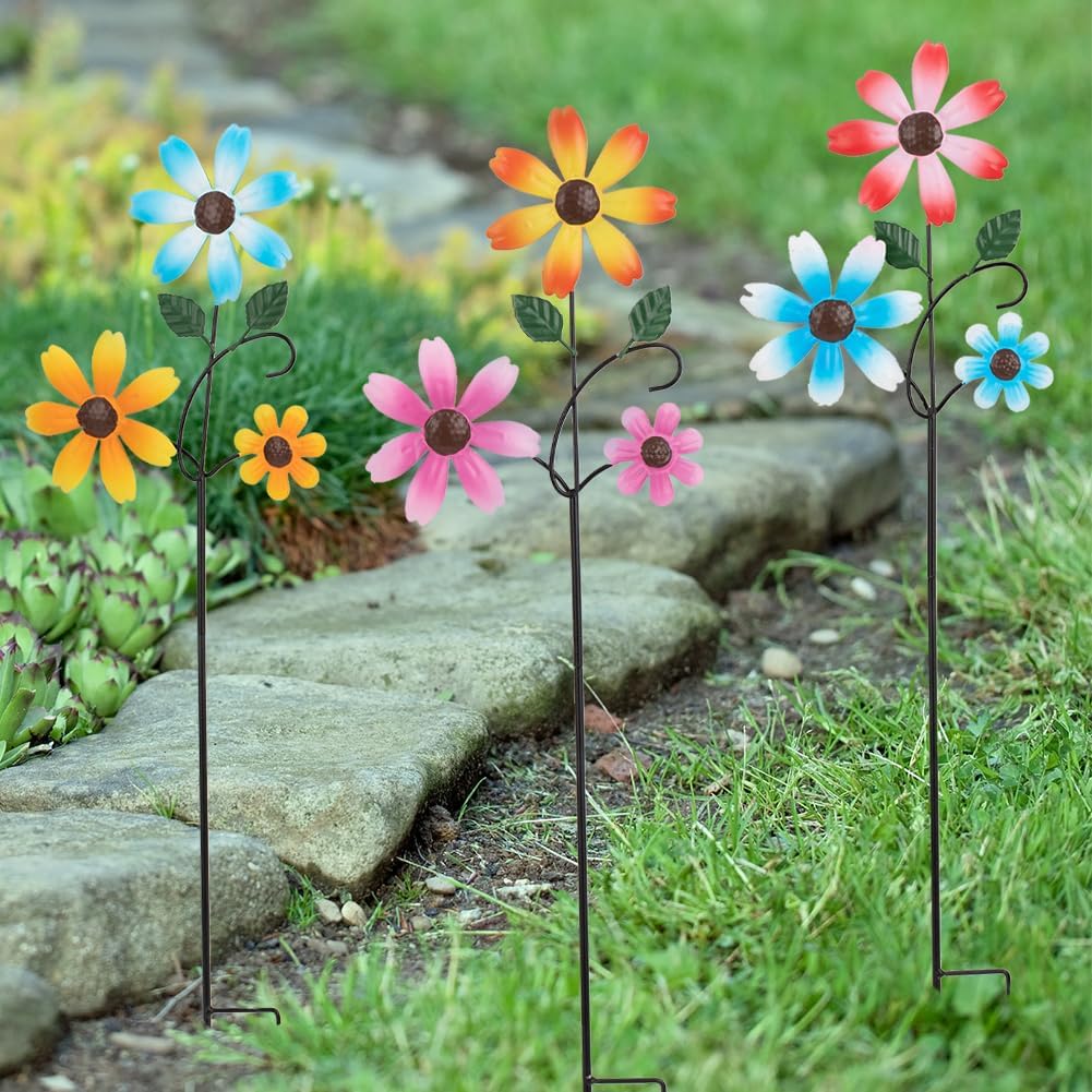 3 Pack Spring Garden Stakes Decor,Metal Flowers Decorative Garden Stakes,Waterproof Metal Yard Art for Outside,Lawn,Patio,Yard(23.1 * 6.7IN)